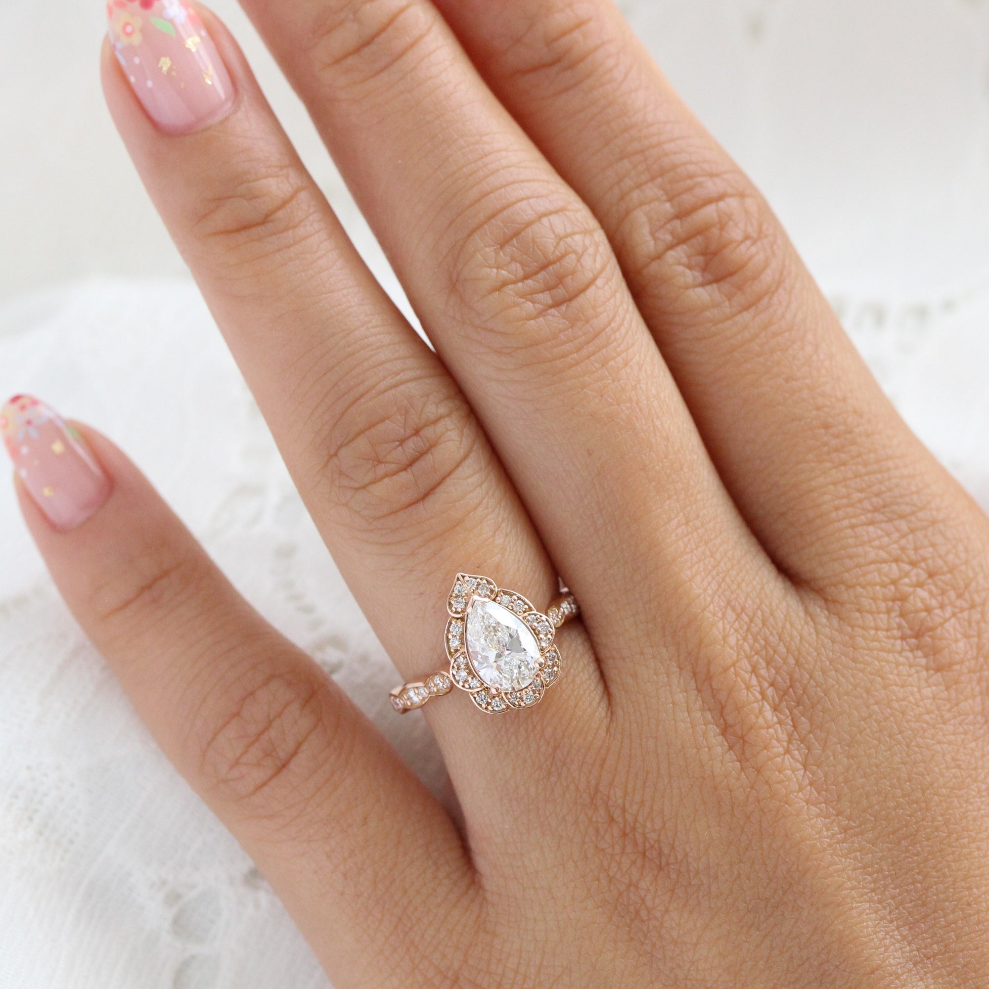 Pear Cut Lab Diamond Engagement Ring Rose Gold Vintage Halo Ring La More Design image