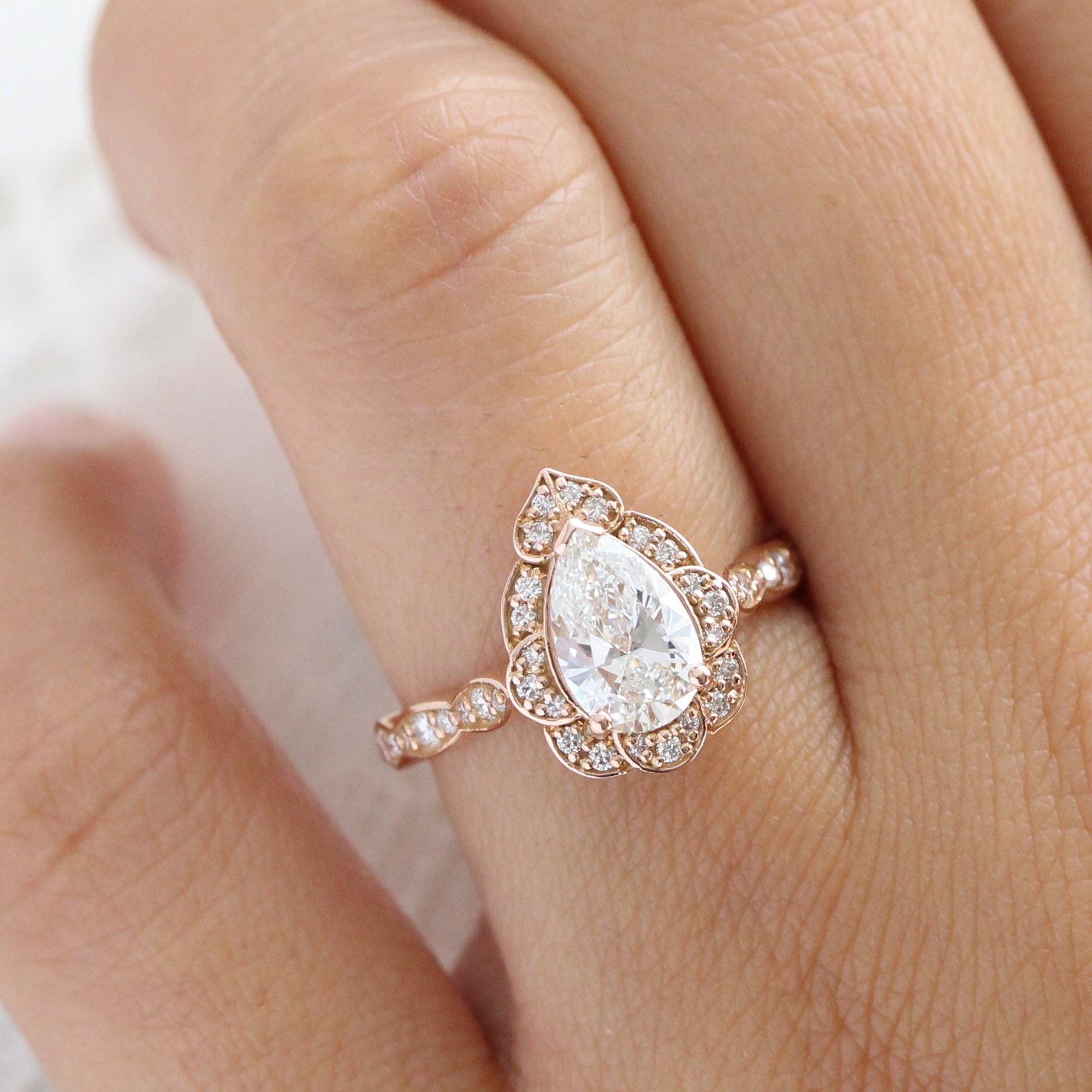 Pear Cut Lab Diamond Engagement Ring Rose Gold Vintage Halo Ring