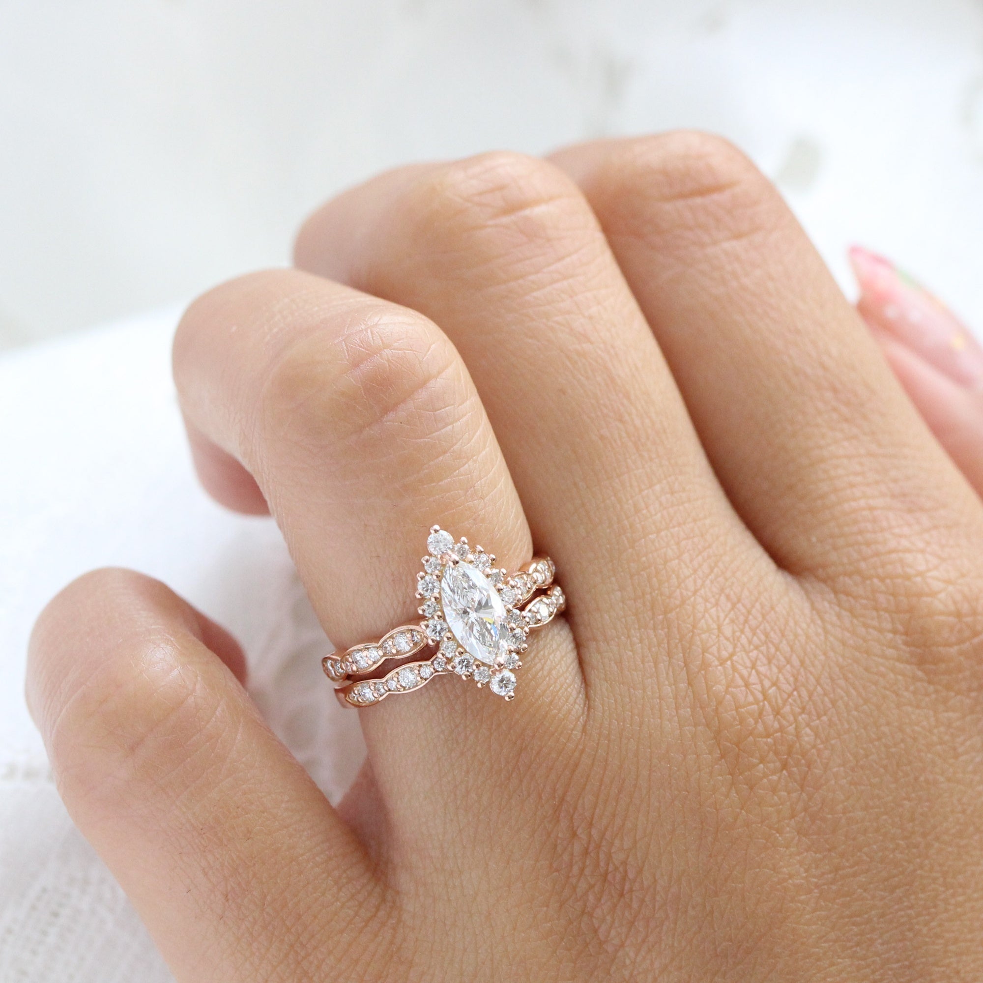 lab diamond ring stack rose gold marquise diamond halo engagement ring set La More Design Jewelry