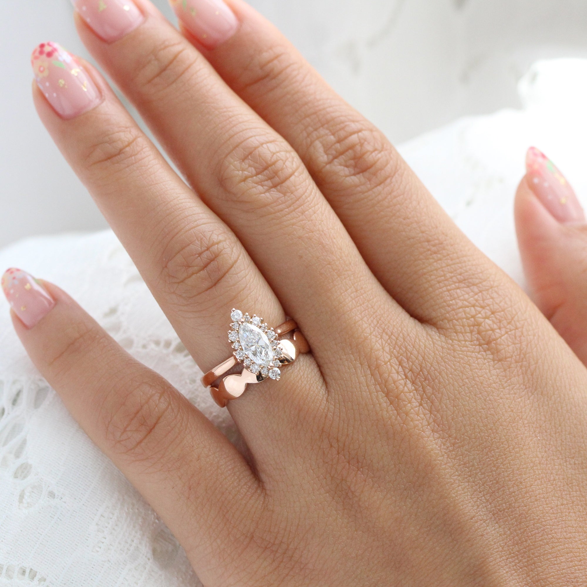 lab diamond ring stack rose gold marquise diamond halo engagement ring set La More Design Jewelry