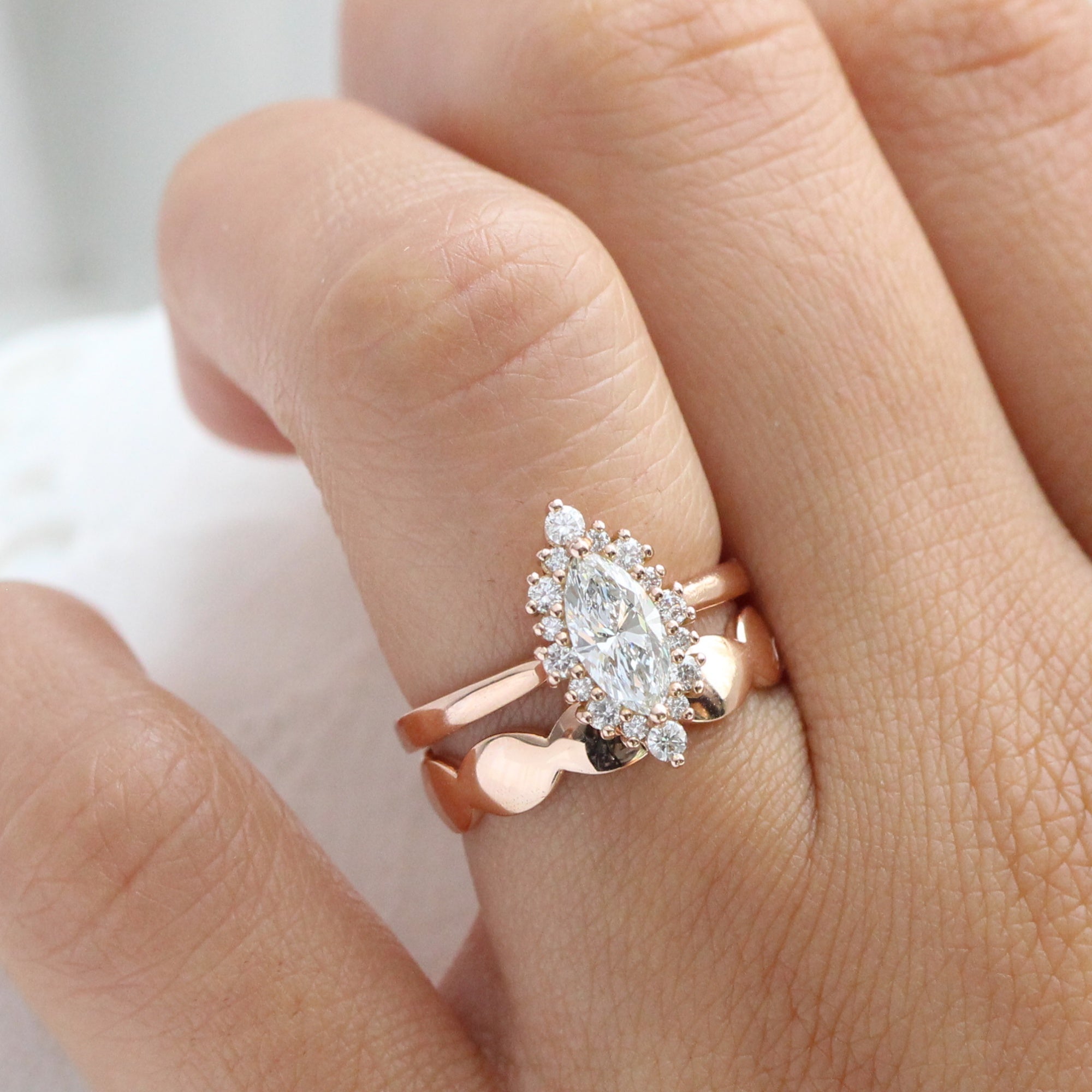 Halo Style Marquise Lab Diamond Ring Bridal Set Gold Wide Wedding