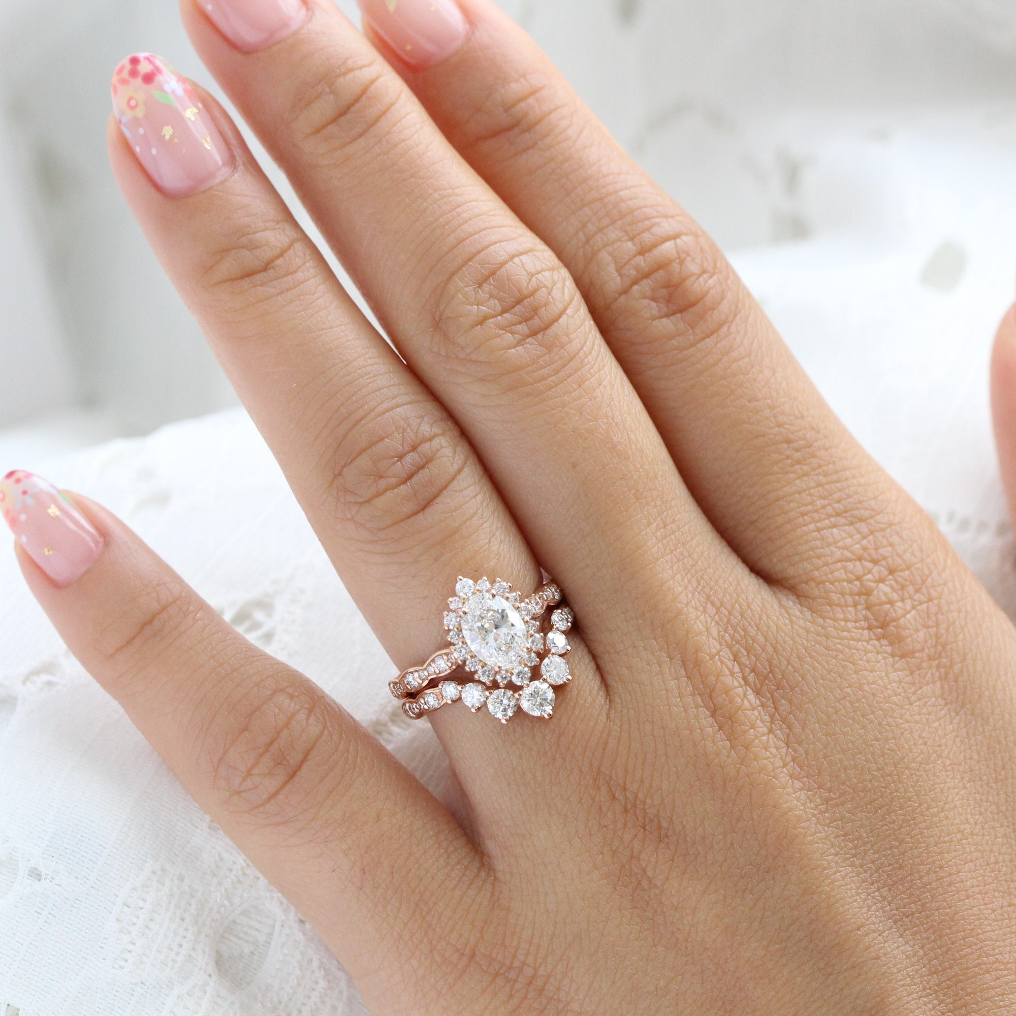 Oval Lab Diamond Halo Ring Set Rose Gold Big Diamond Curved Band