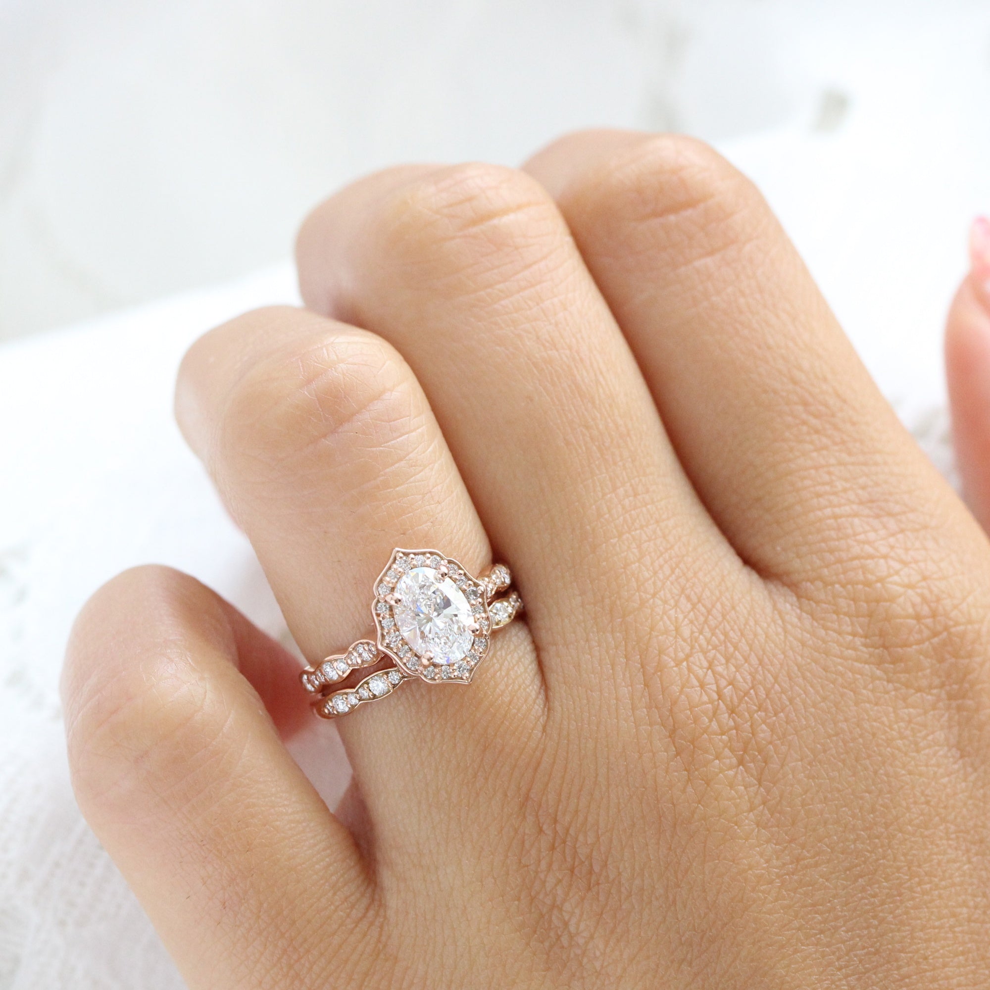 Vintage Floral Lab Diamond Ring Bridal Set Rose Gold Oval Ring Stack