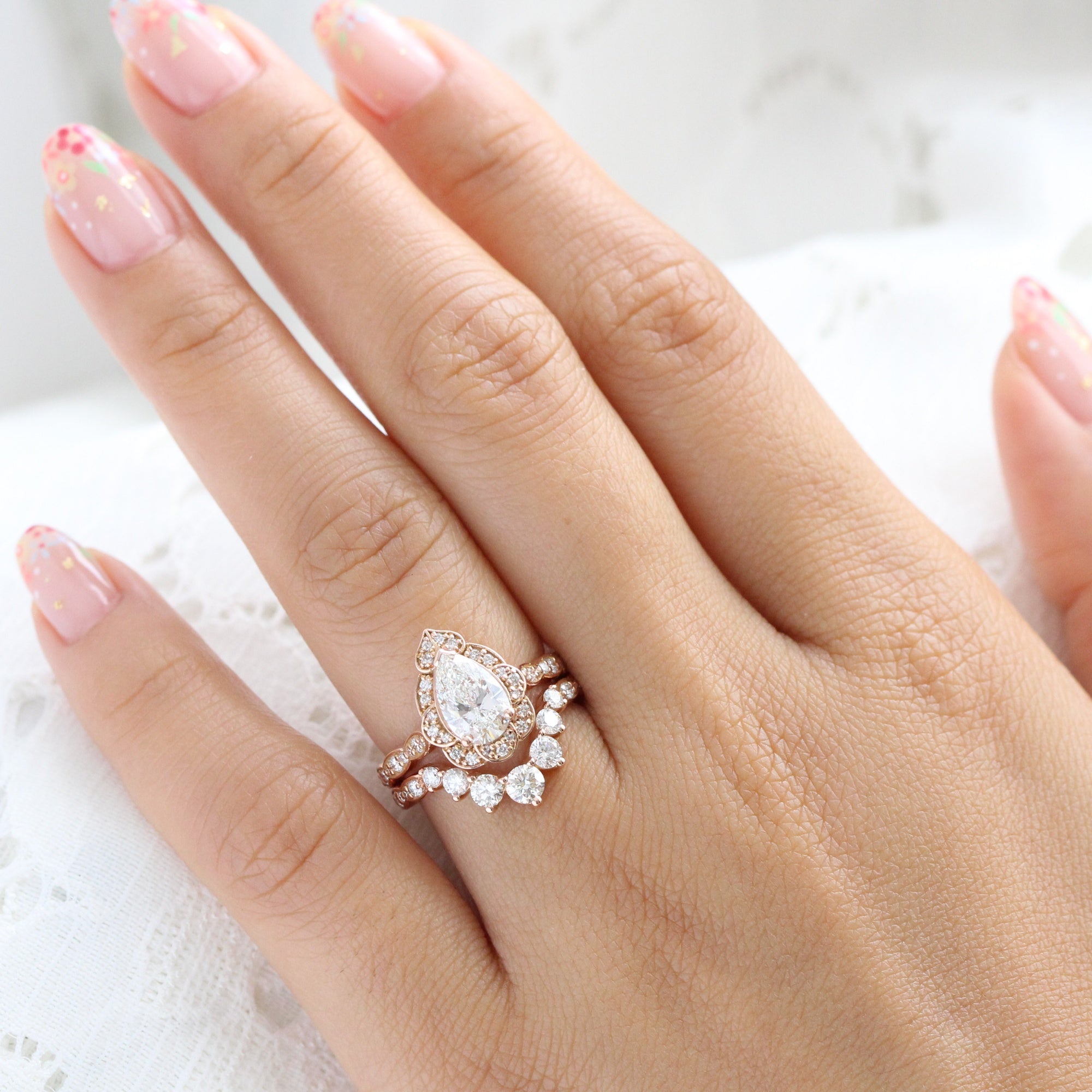 Pear Lab Diamond Ring Vintage Halo Set Gold Big Diamond Curved