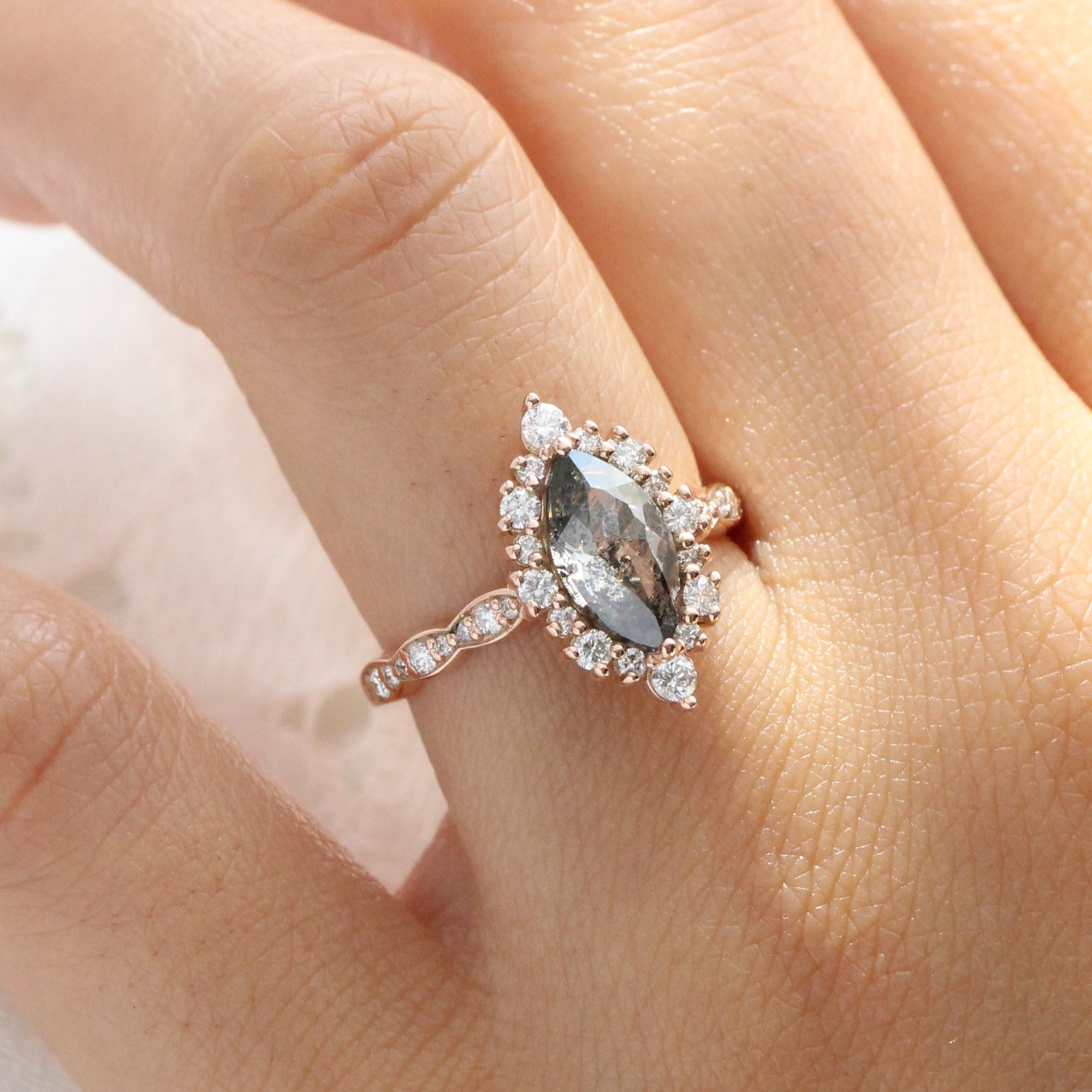 Unique Marquise Salt and Pepper Diamond Engagement Ring Rose Gold