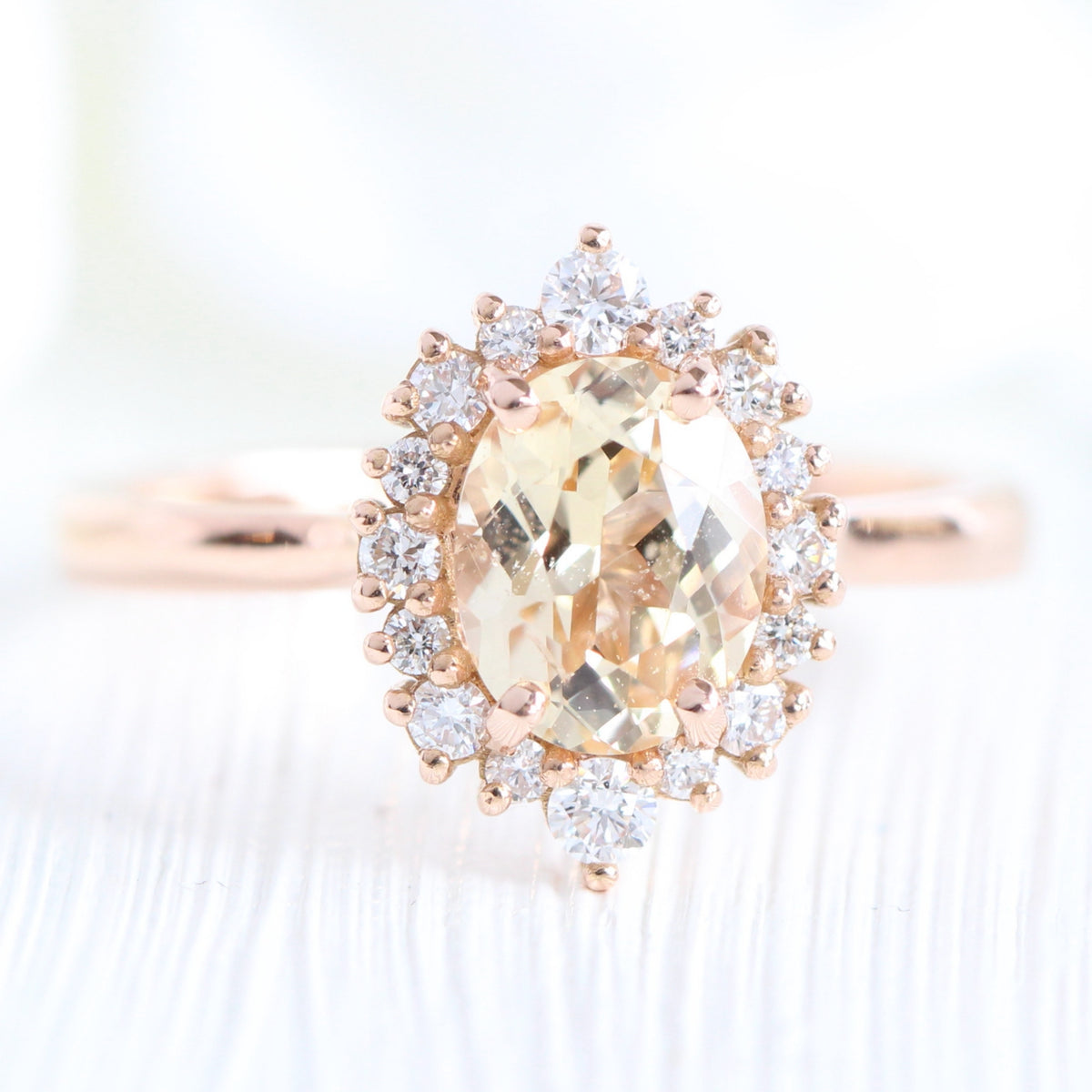 light champagne sapphire ring rose gold halo diamond ring la more design jewelry