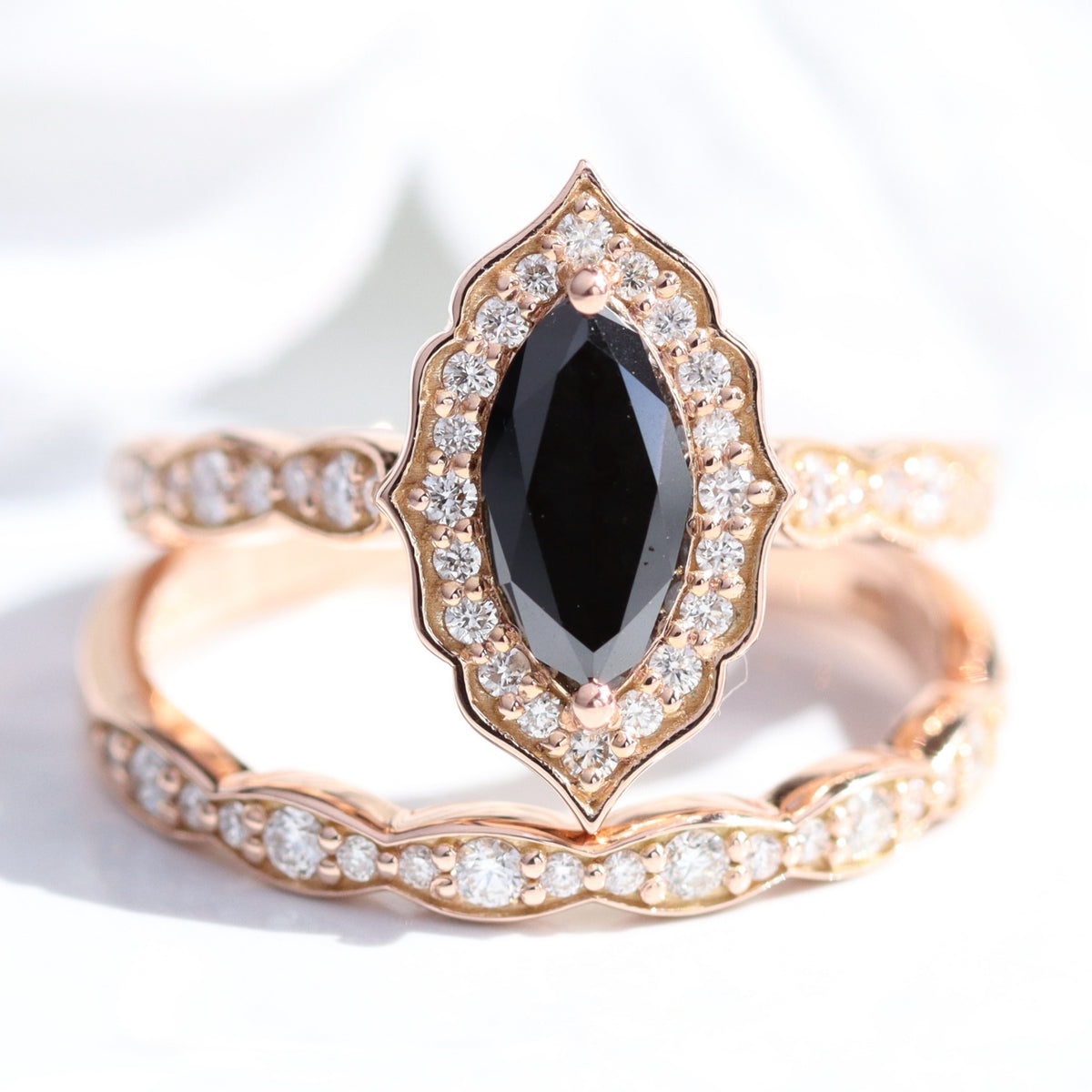 marquise black diamond ring stack rose gold vintage halo marquise ring bridal set la more design jewelry