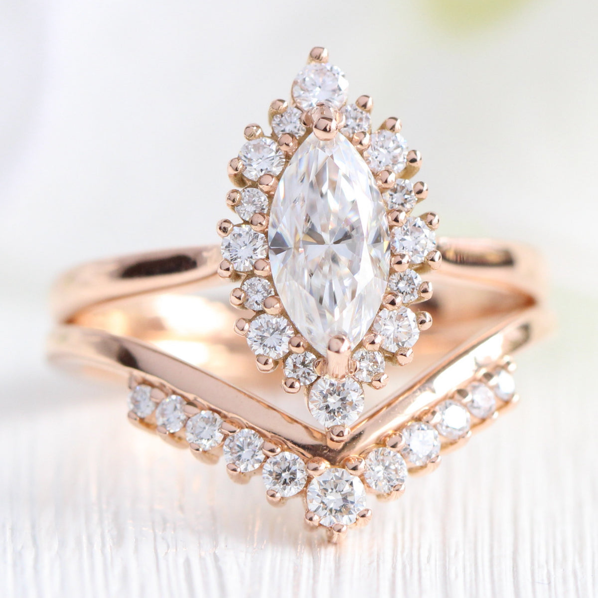 marquise moissanite engagement ring rose gold halo diamond chevron wedding ring bridal set la more design jewelry