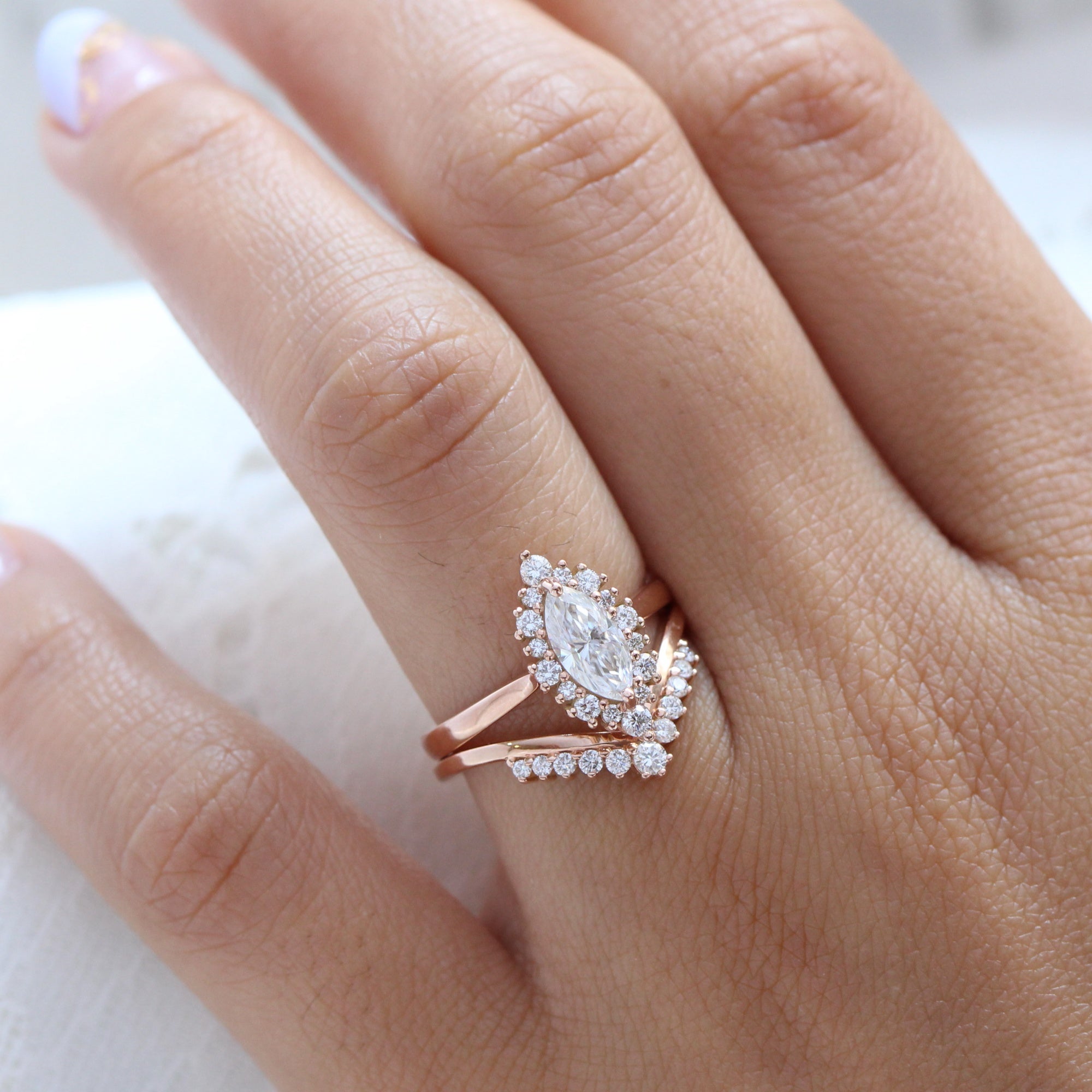 marquise moissanite engagement ring rose gold halo diamond chevron wedding ring bridal set la more design jewelry