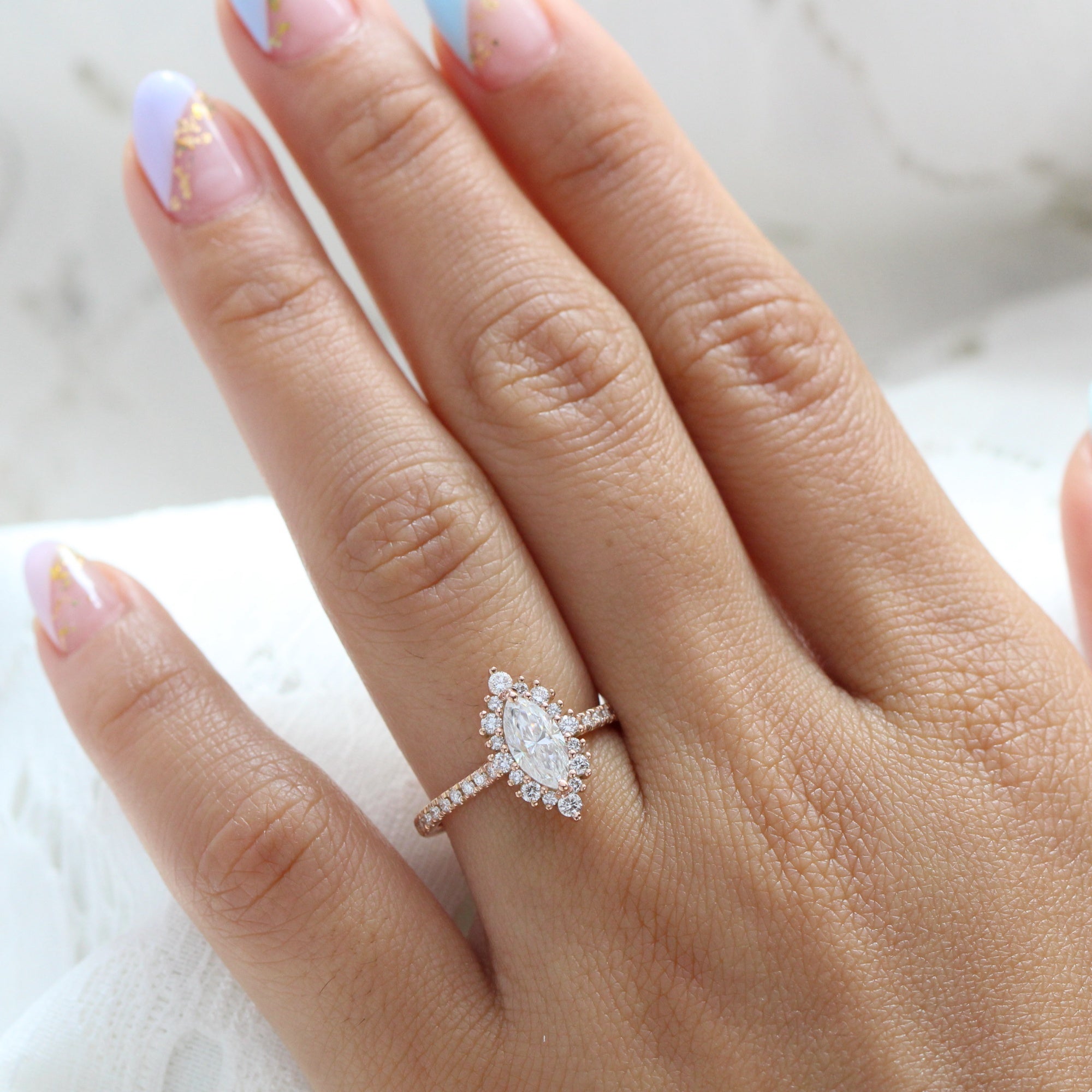 Marquise Moissanite Ring Rose Gold Halo Diamond Pave Engagement