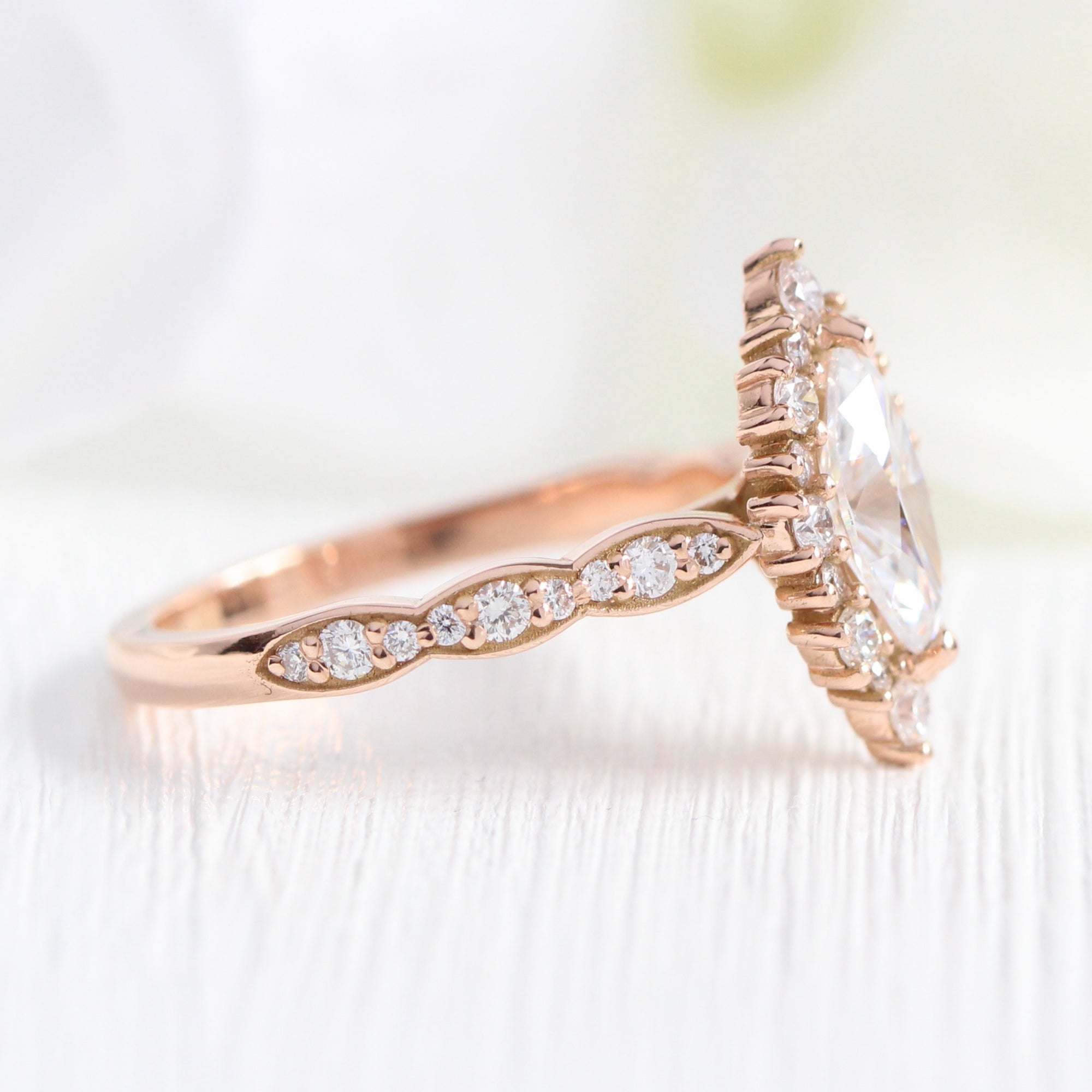 marquise moissanite engagement ring rose gold halo diamond scalloped band la more design jewelry