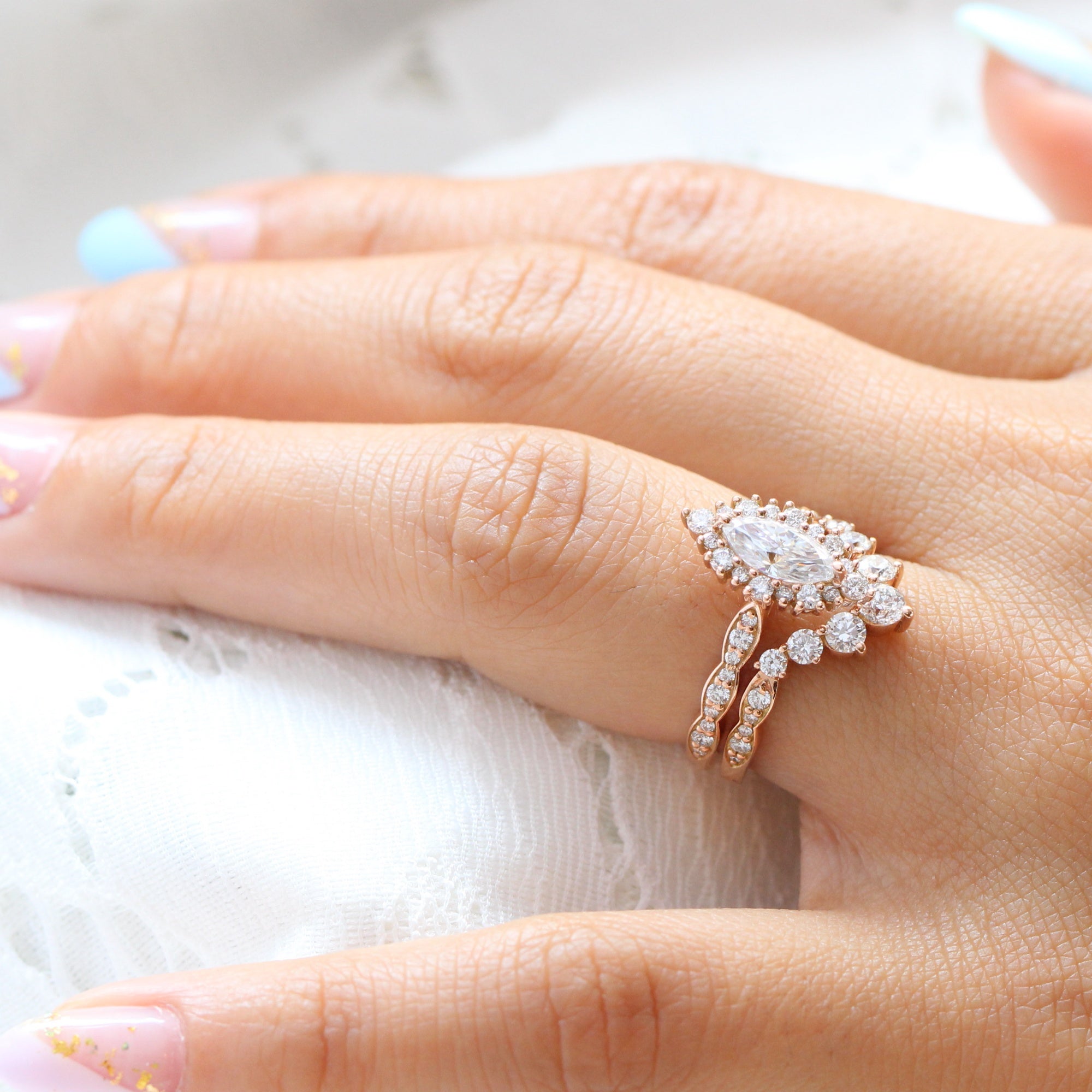 Marquise Moissanite Ring Set Gold Halo Diamond Ring U Wedding Band 14K Yellow Gold 9.0