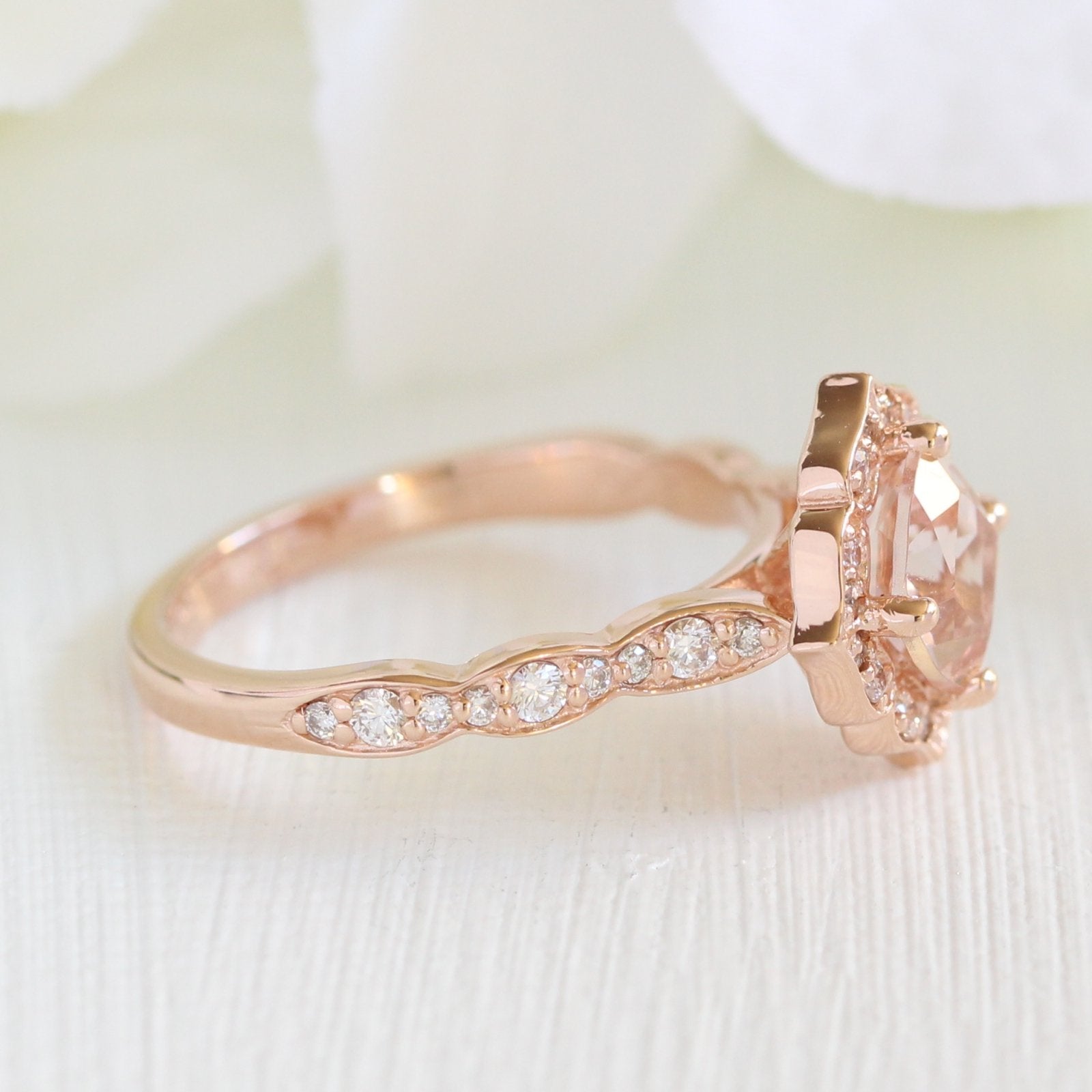 morganite engagement ring in rose gold mini vintage floral by la more design