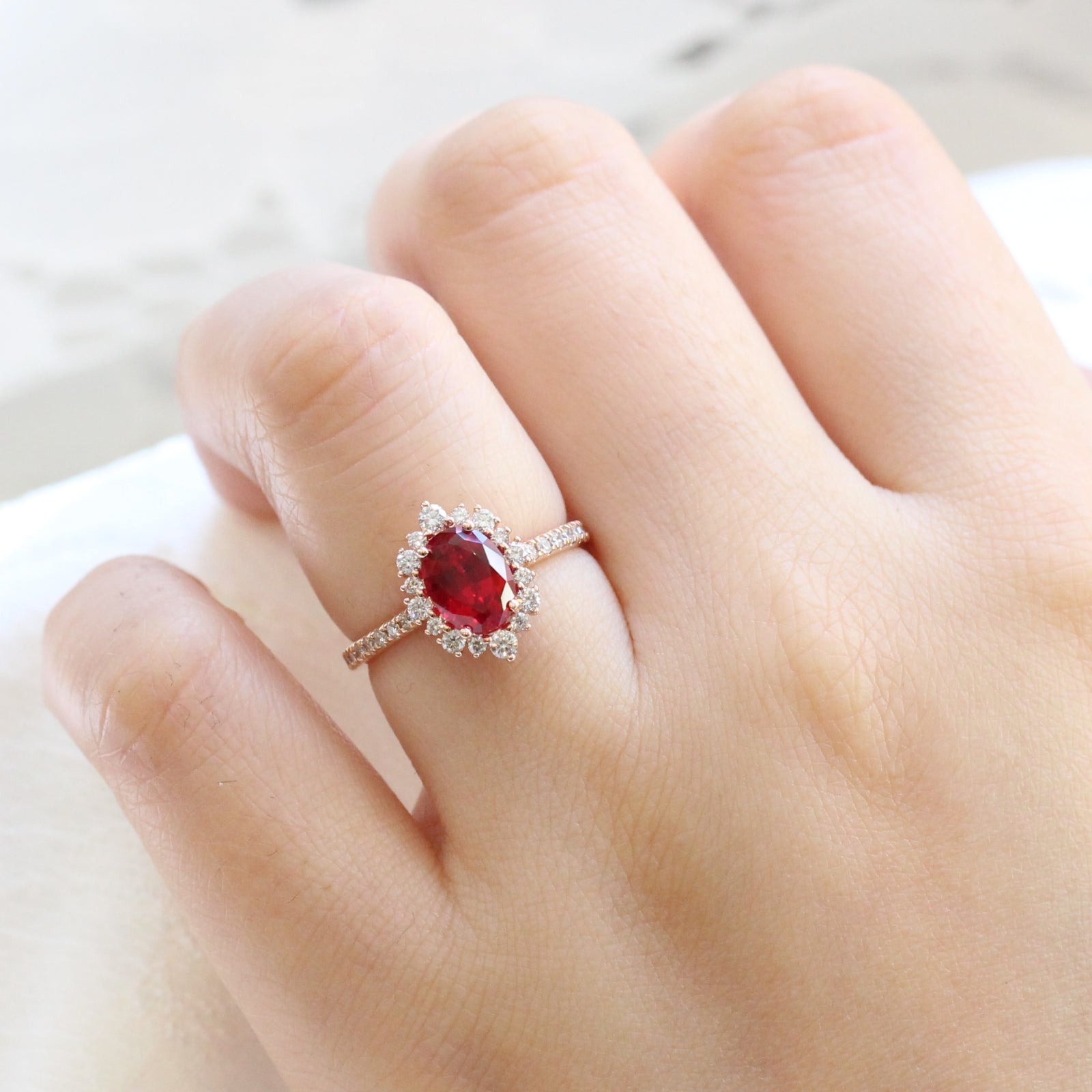 oval ruby engagement ring rose gold halo diamond ring low profile ring by la more design jewelry