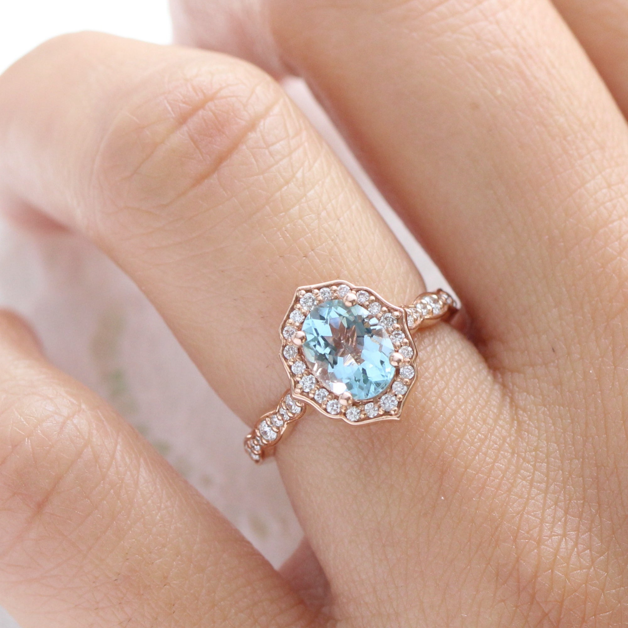 oval aquamarine engagement ring rose gold vintage halo diamond ring by la more design jewelry 