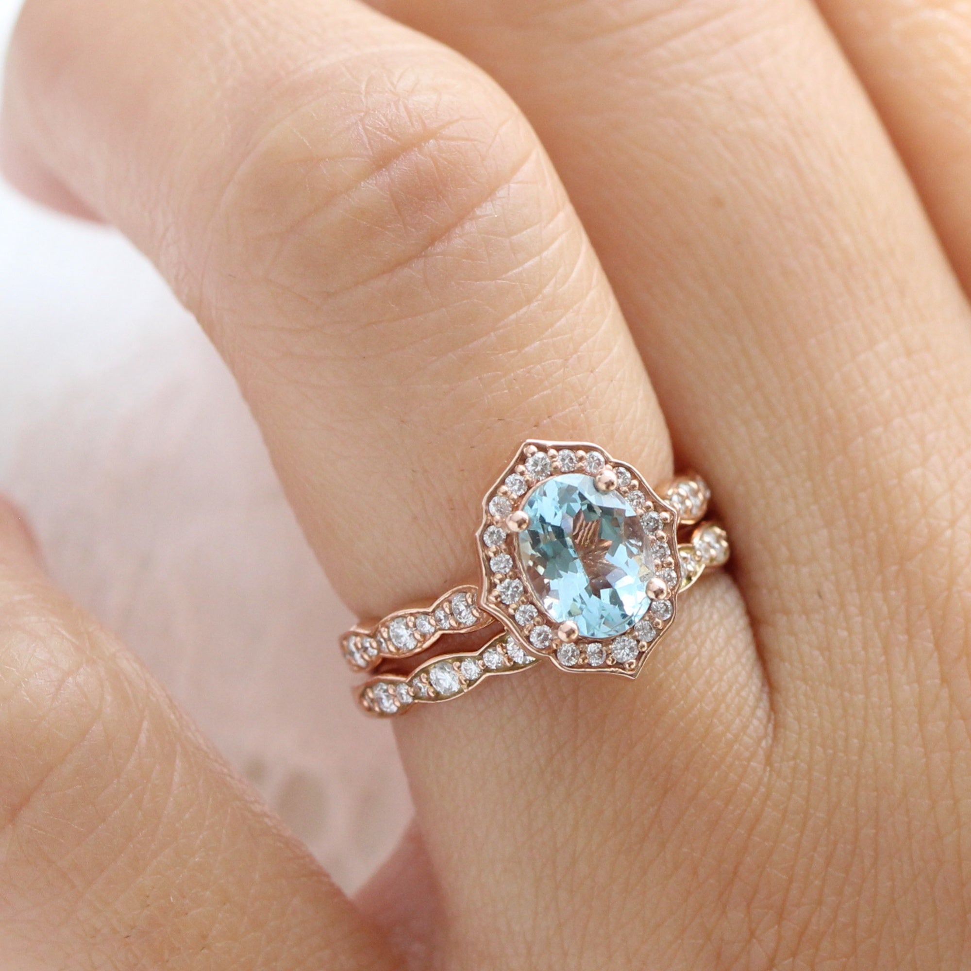 Rose Gold Oval Aquamarine Bridal Ring Set in Floral Diamond Band