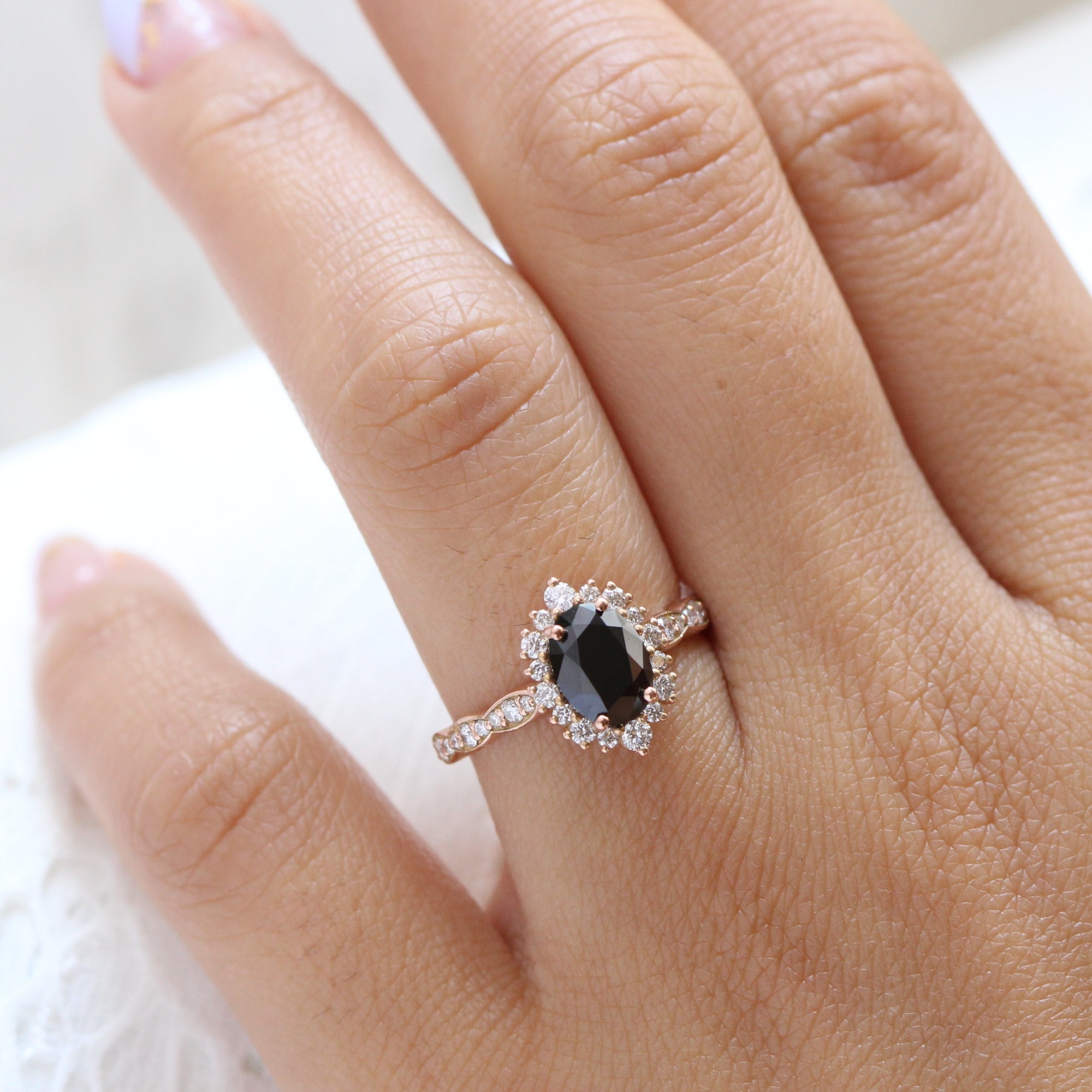 Black Diamond Engagement Ring Rose Gold Cluster Halo Diamond Oval Ring La More Design