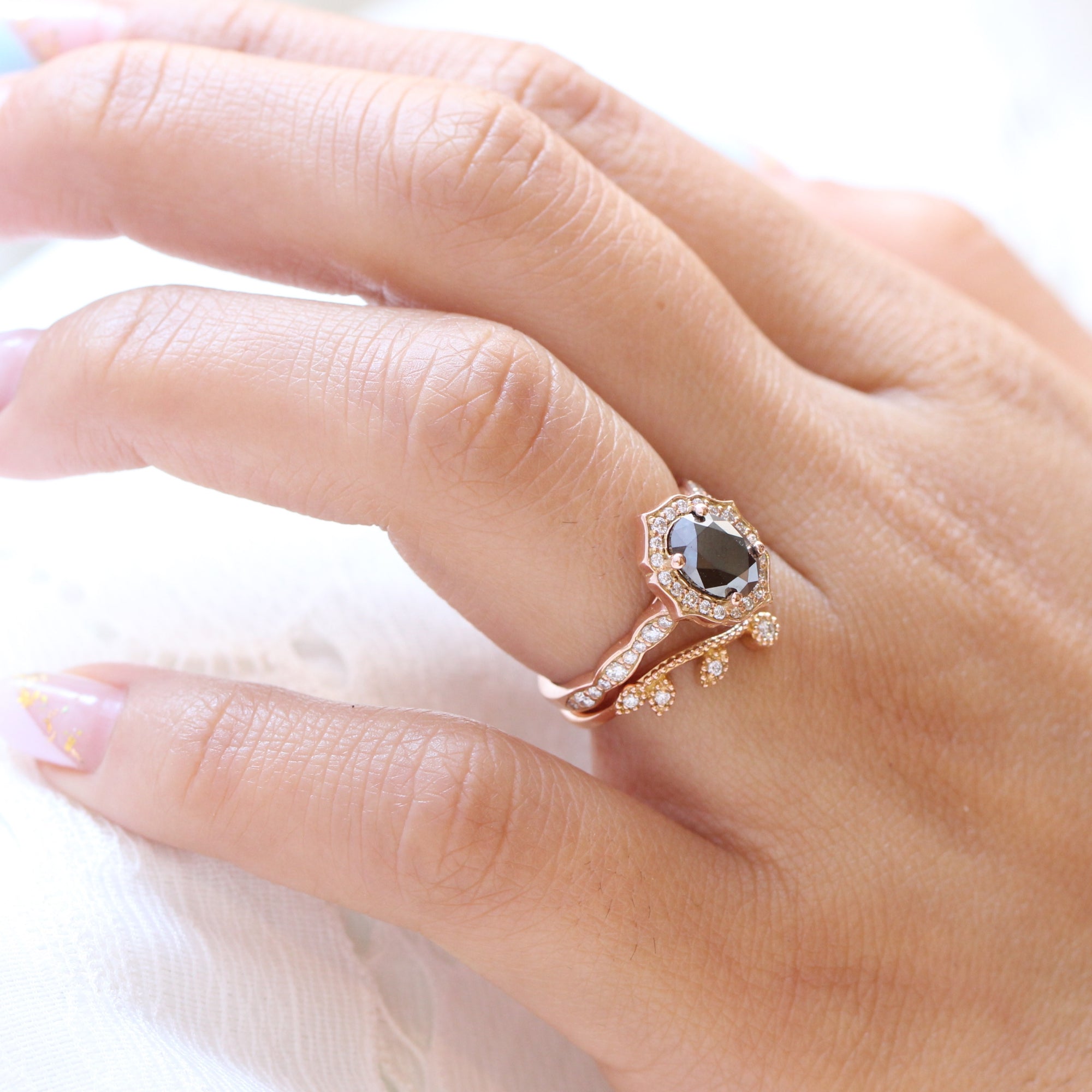 oval black diamond engagement ring rose gold leaf wedding band bridal ring set la more design jewelry