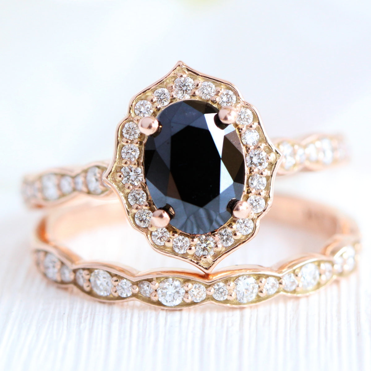 Oval Black Diamond Bridal Ring Set Gold Vintage Halo Wedding Stack Set Oval Black Diamond Bridal Ring Set Gold Vintage Halo Wedding Stack Set