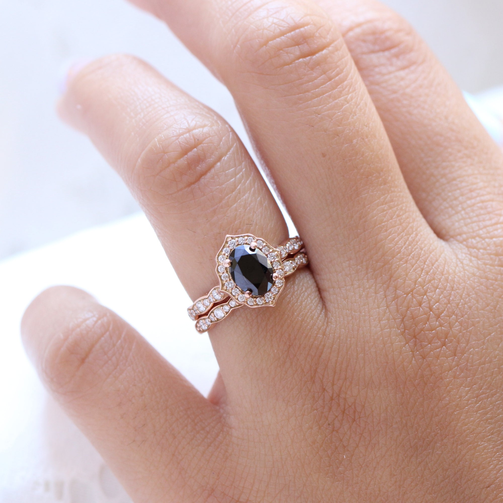 oval black diamond engagement ring rose gold matching diamond wedding band bridal ring set la more design jewelry