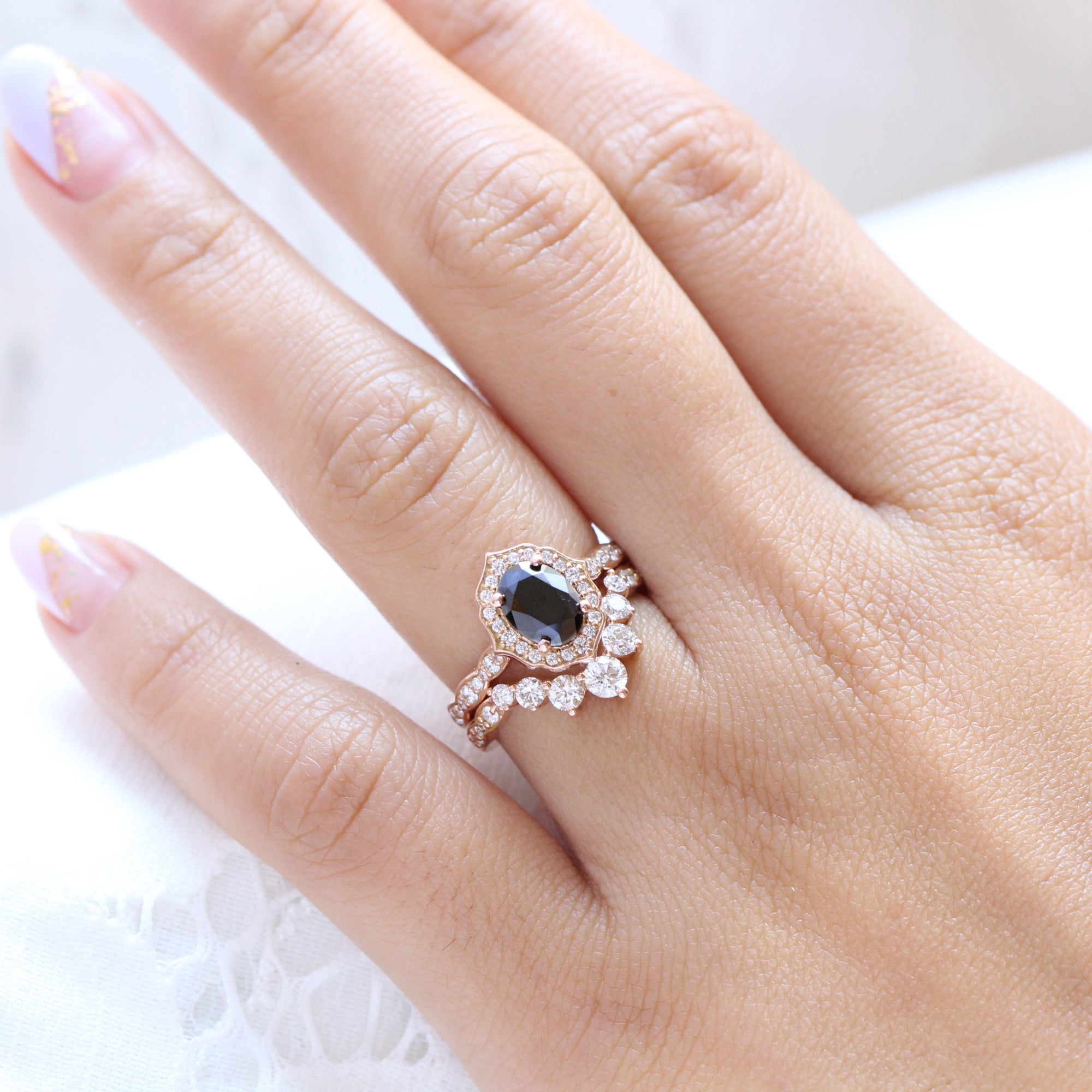 oval black diamond engagement ring rose gold matching wedding band bridal ring set la more design jewelry