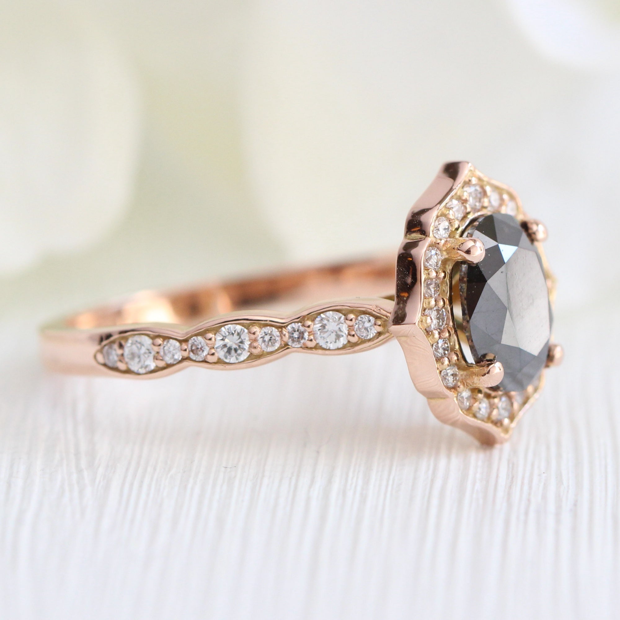 oval black diamond engagement ring rose gold vintage halo ring la more design jewelry