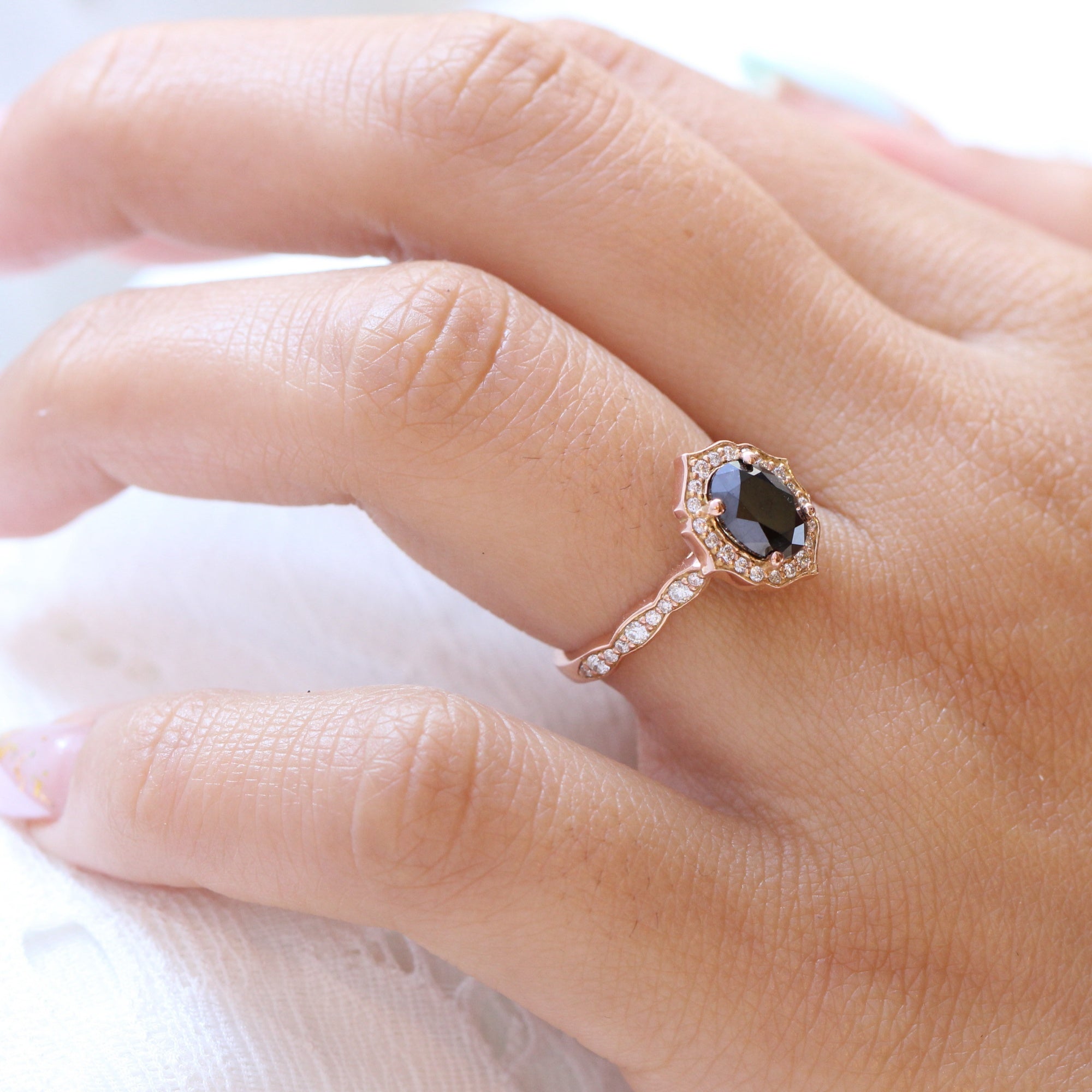 oval black diamond engagement ring rose gold vintage halo ring la more design jewelry