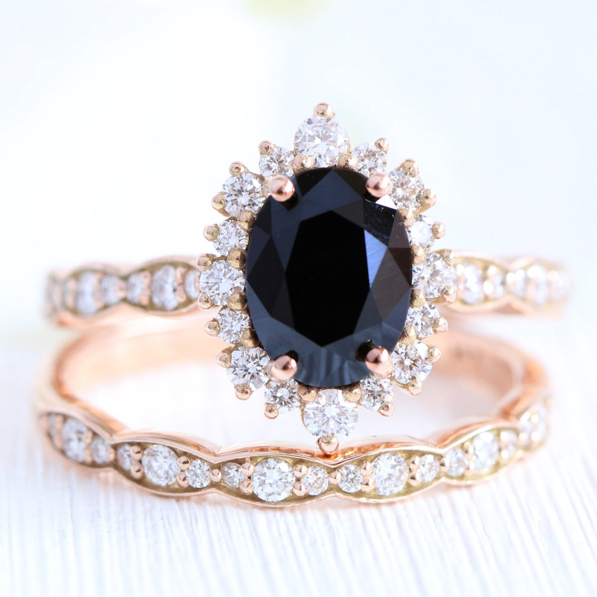 oval black diamond large halo ring rose gold matching diamond wedding band bridal set la more design jewelry