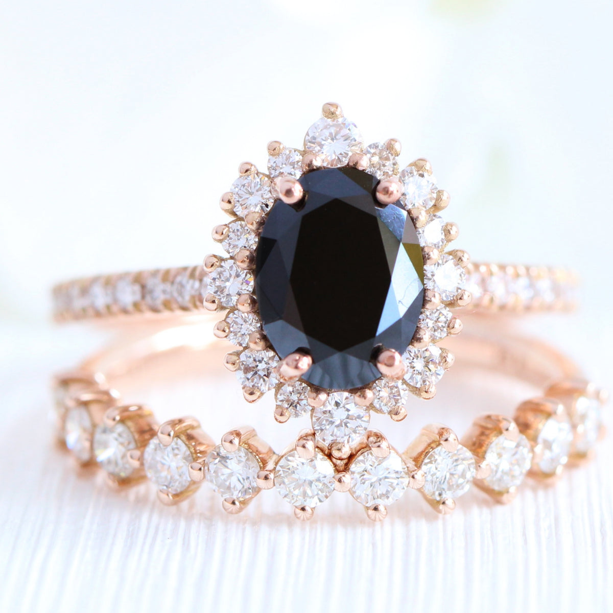 oval black diamond large halo ring rose gold matching diamond wedding band bridal set la more design jewelry
