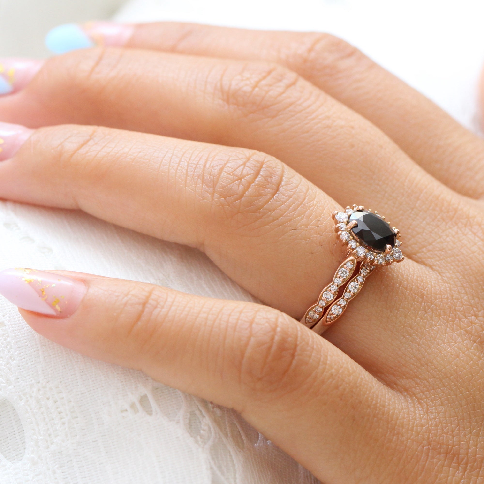 oval black diamond large halo ring rose gold matching diamond wedding band bridal set la more design jewelry