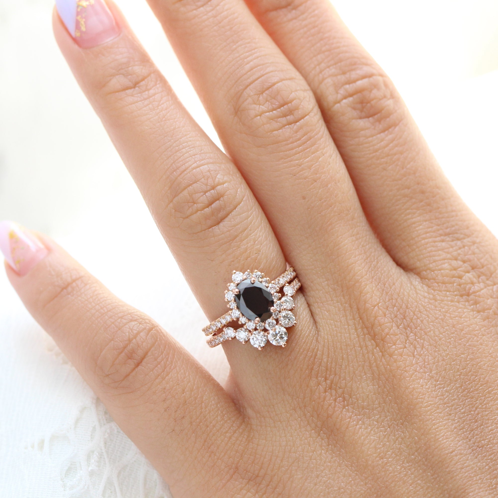 oval black diamond large halo ring rose gold u shaped diamond wedding band bridal set la more design jewelry