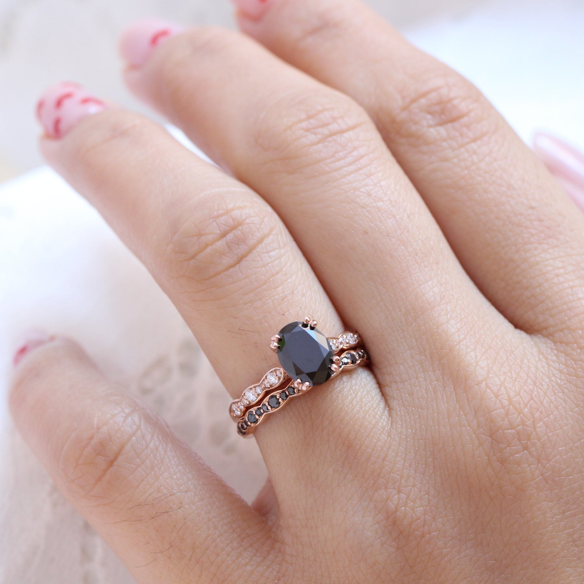 Solitaire Oval Black Diamond Ring Rose Gold Stackable Wedding