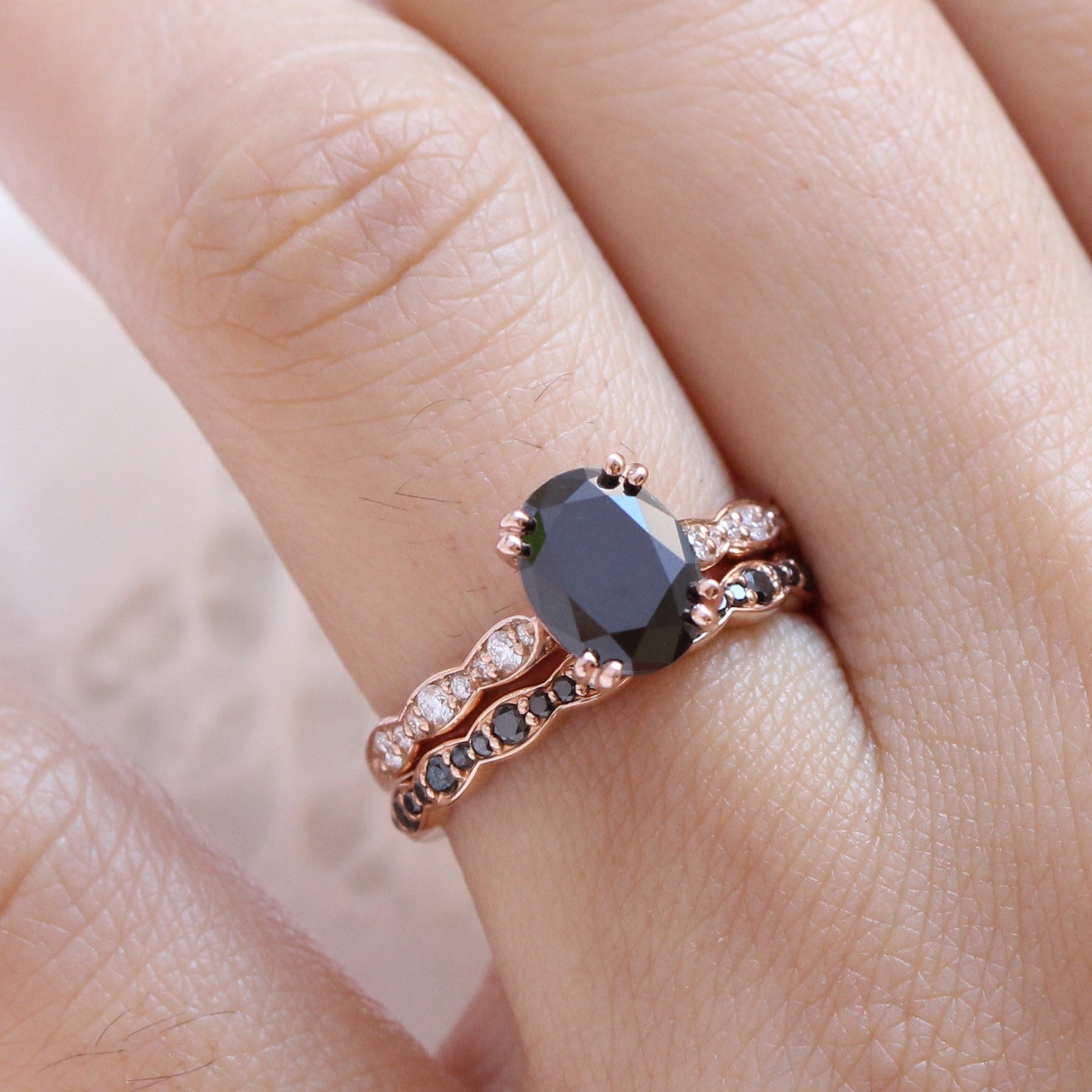 Solitaire Oval Black Diamond Ring Rose Gold Stackable Wedding