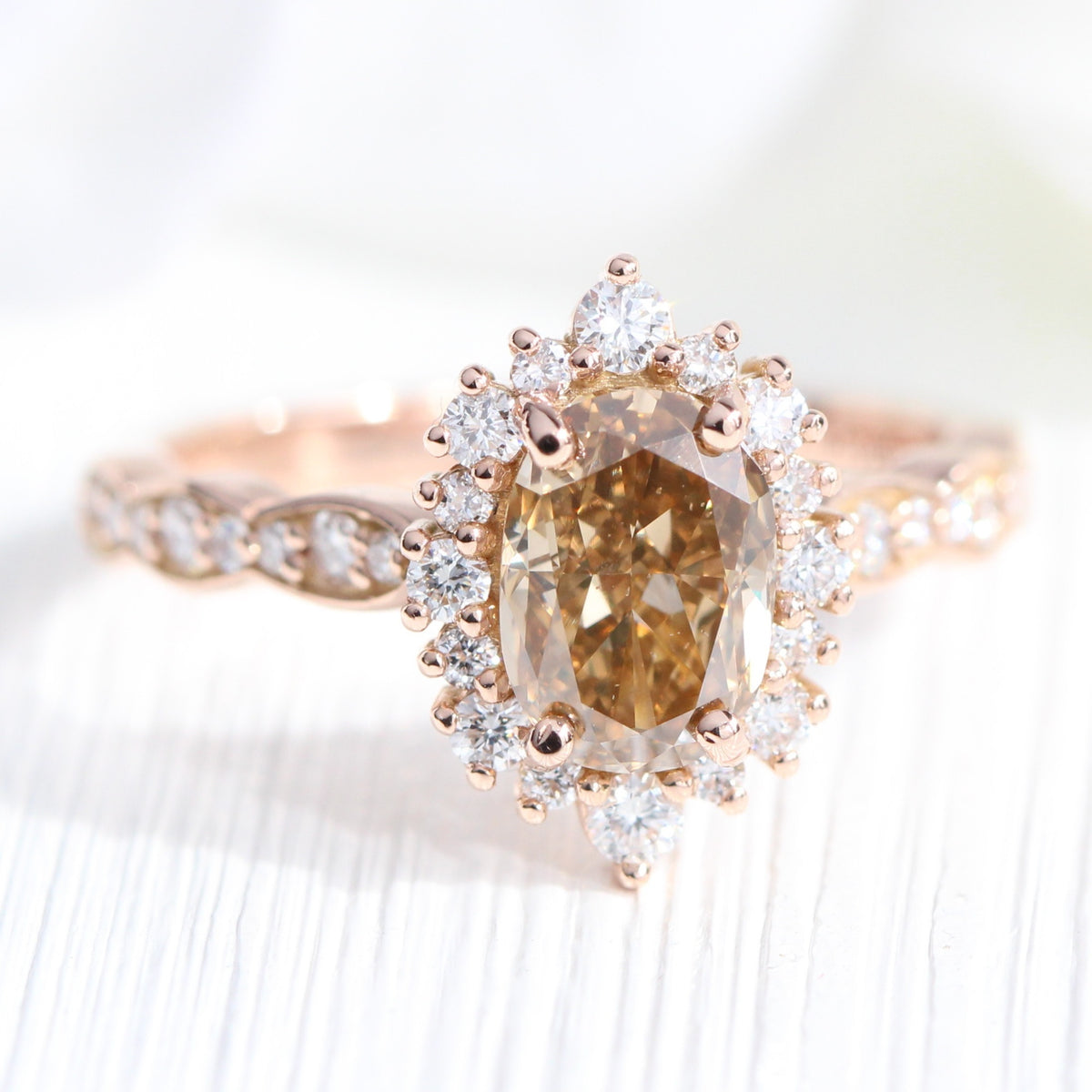 oval champagne diamond ring rose gold halo engagement ring la more design jewelry
