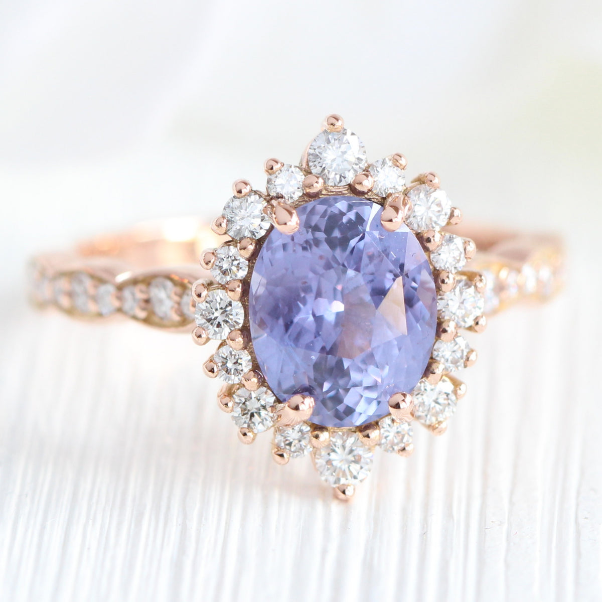oval lavender sapphire ring rose gold halo diamond ring scalloped diamond band la more design jewelry