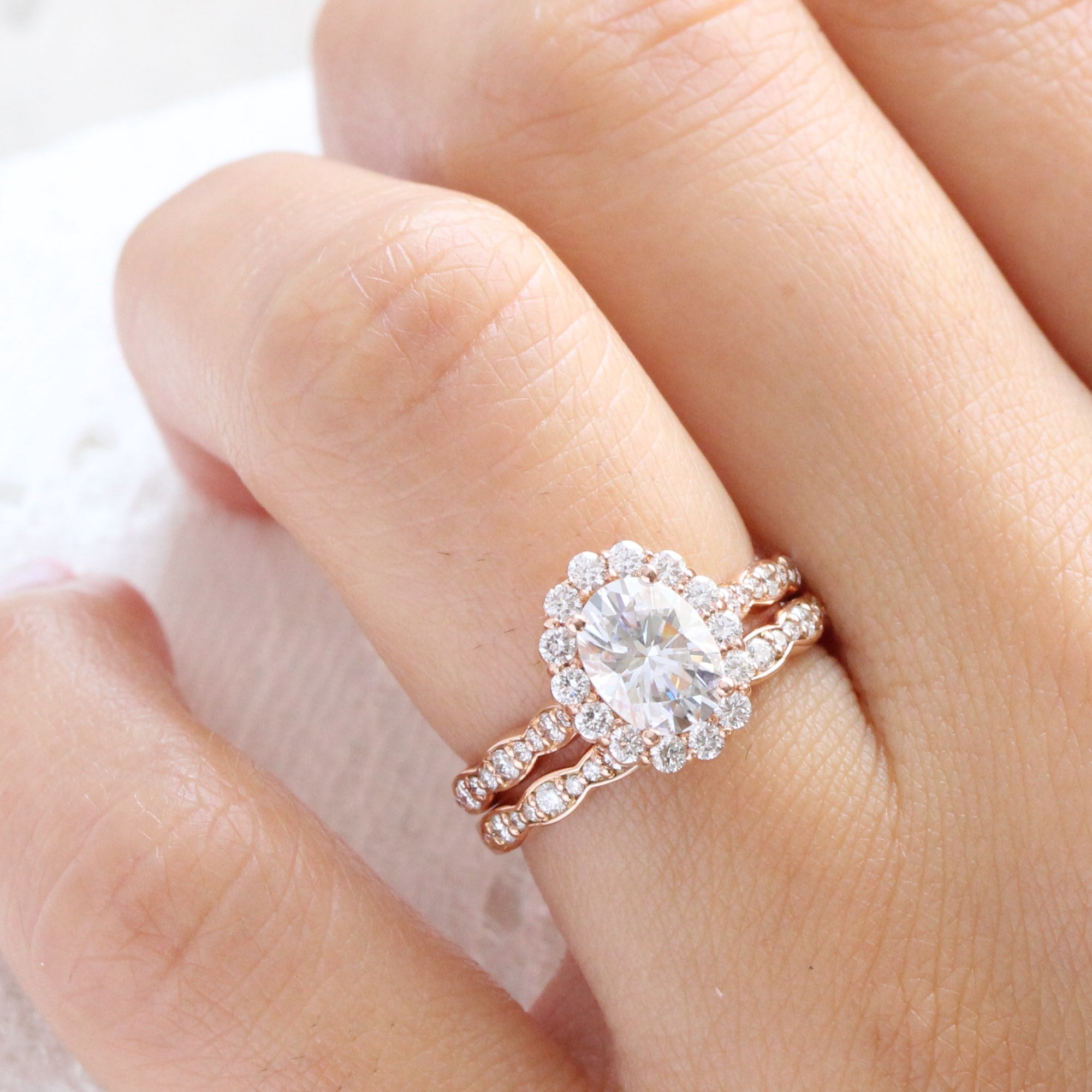 Oval Moissanite Halo Diamond Bridal Set in Rose Gold Scalloped