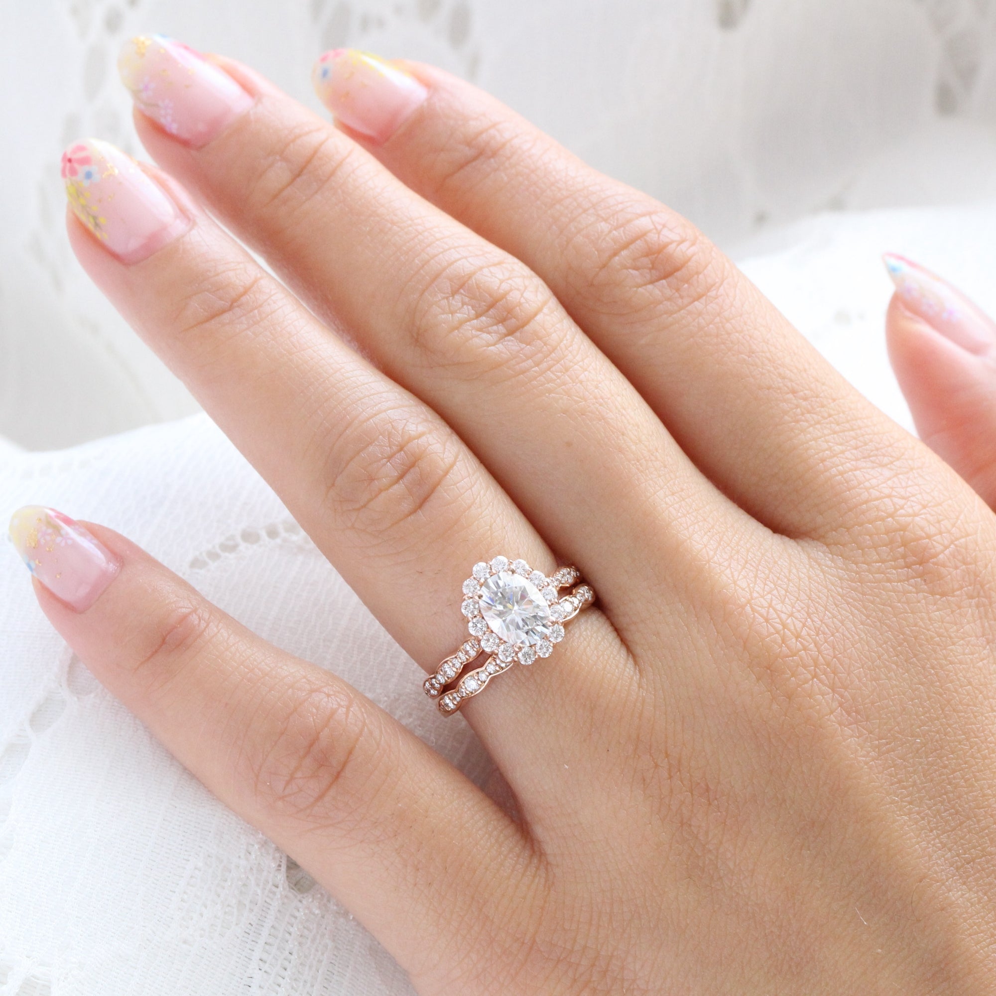 Oval Moissanite Halo Diamond Bridal Set in Rose Gold Scalloped Band