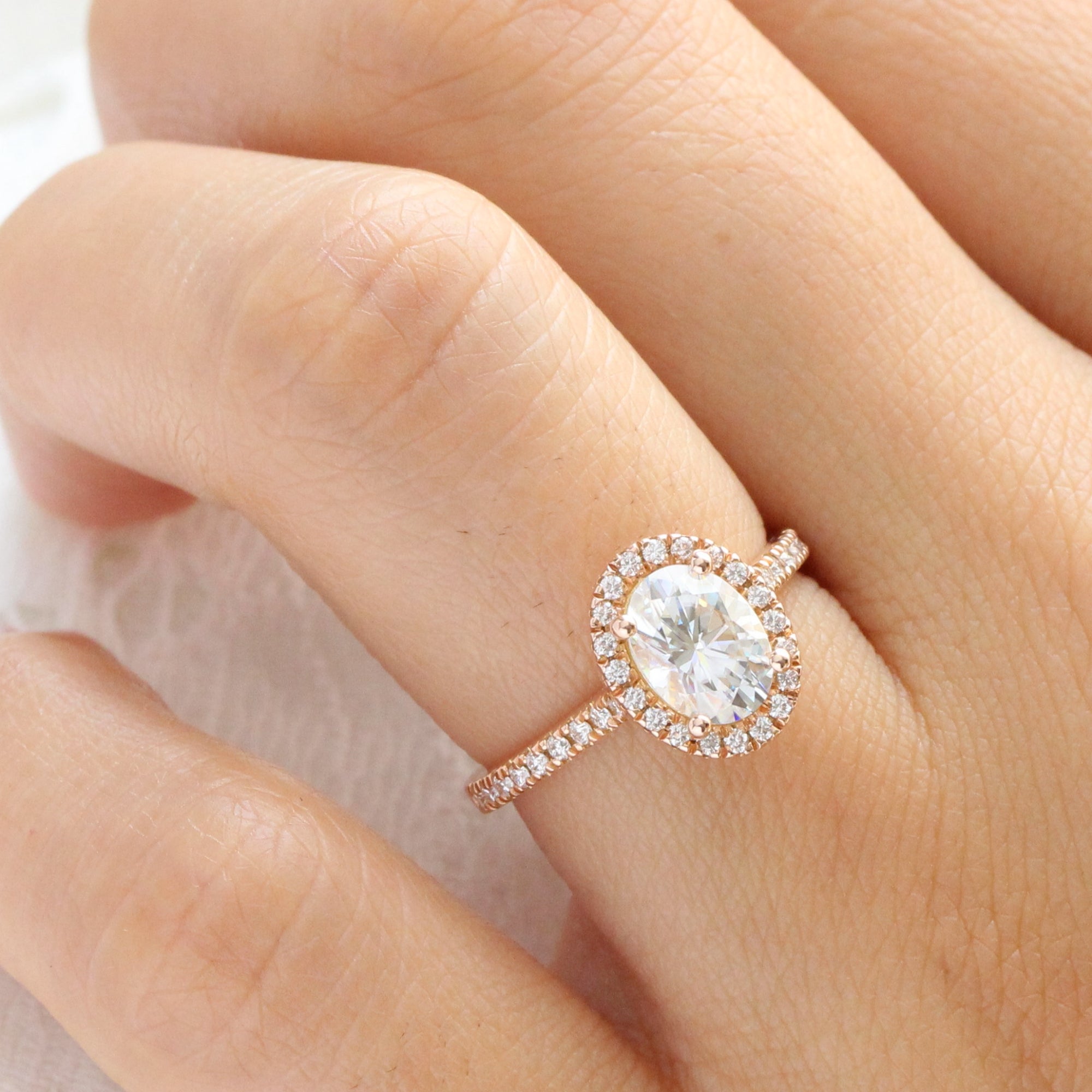 Rose Gold Halo Diamond Moissanite Engagement Ring Cluster Oval