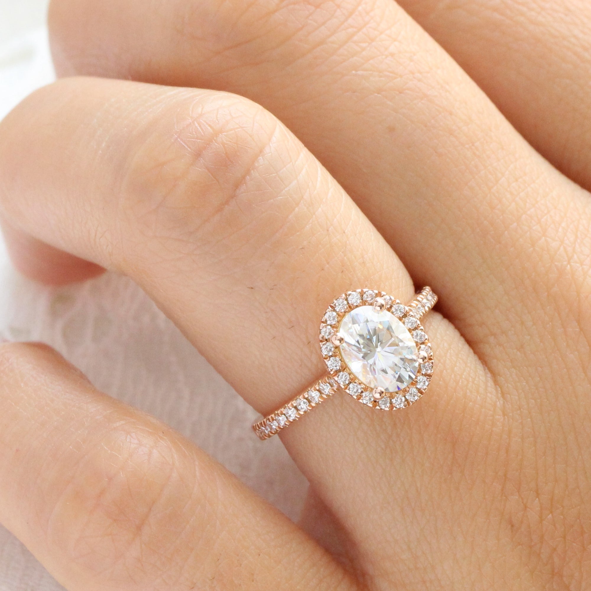 Rose Gold Halo Diamond Moissanite Engagement Ring Cluster Oval Ring