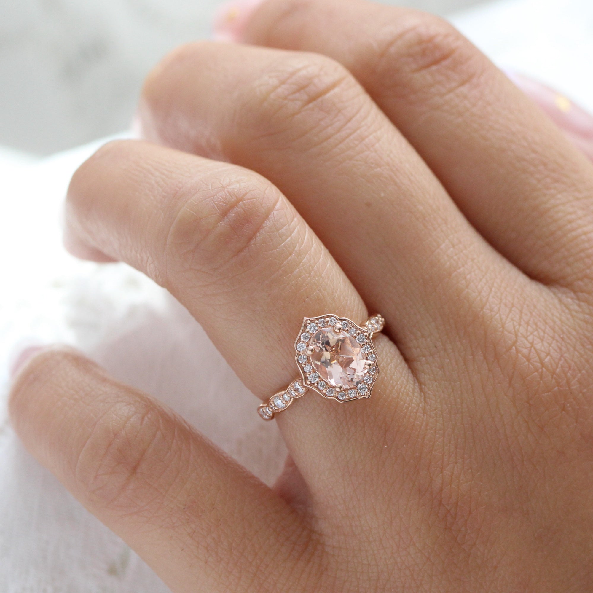 Oval Morganite Engagement Ring in Rose Gold Scalloped Diamond Band