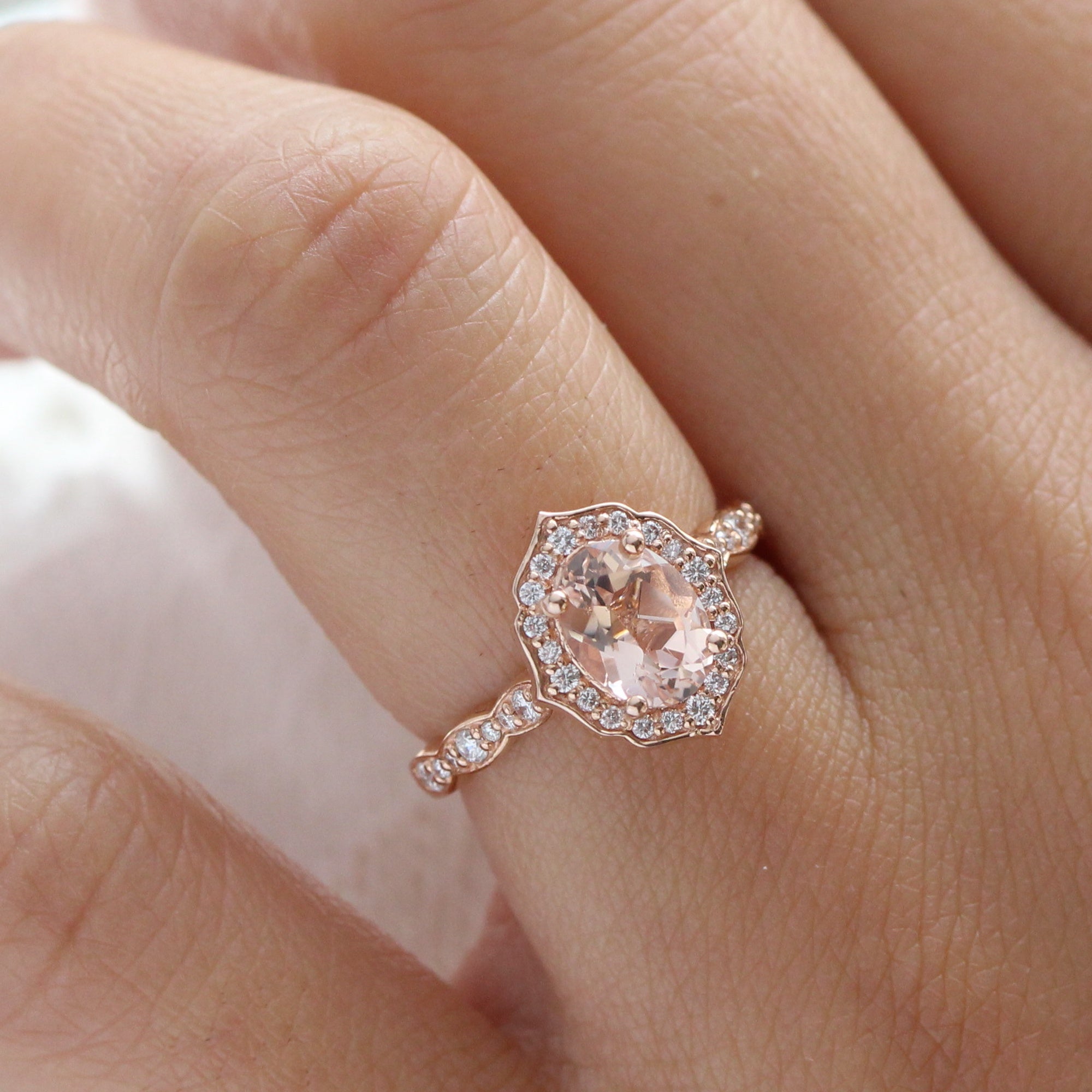 Oval Morganite Engagement Ring in Rose Gold Scalloped Diamond Band