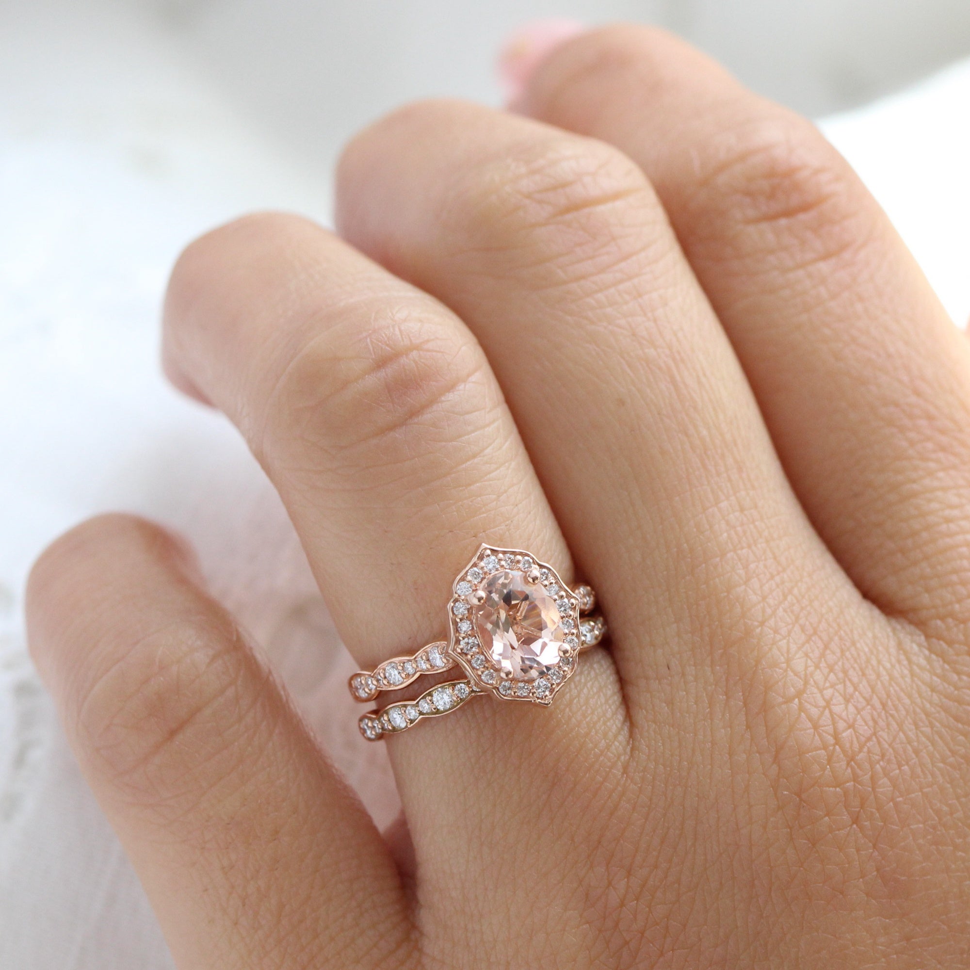 vintage halo diamond morganite ring stack rose gold curved wedding band la more design jewelry
