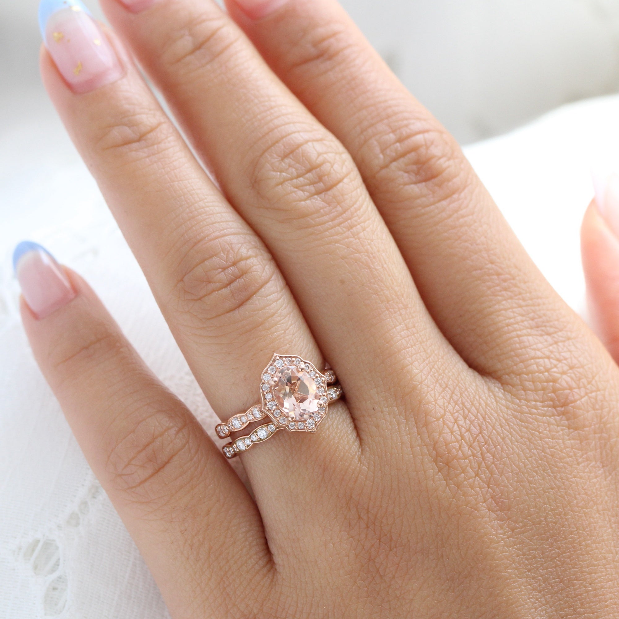 Oval Morganite Ring Bridal Set in Rose Gold Vintage Style Diamond Band La More Design