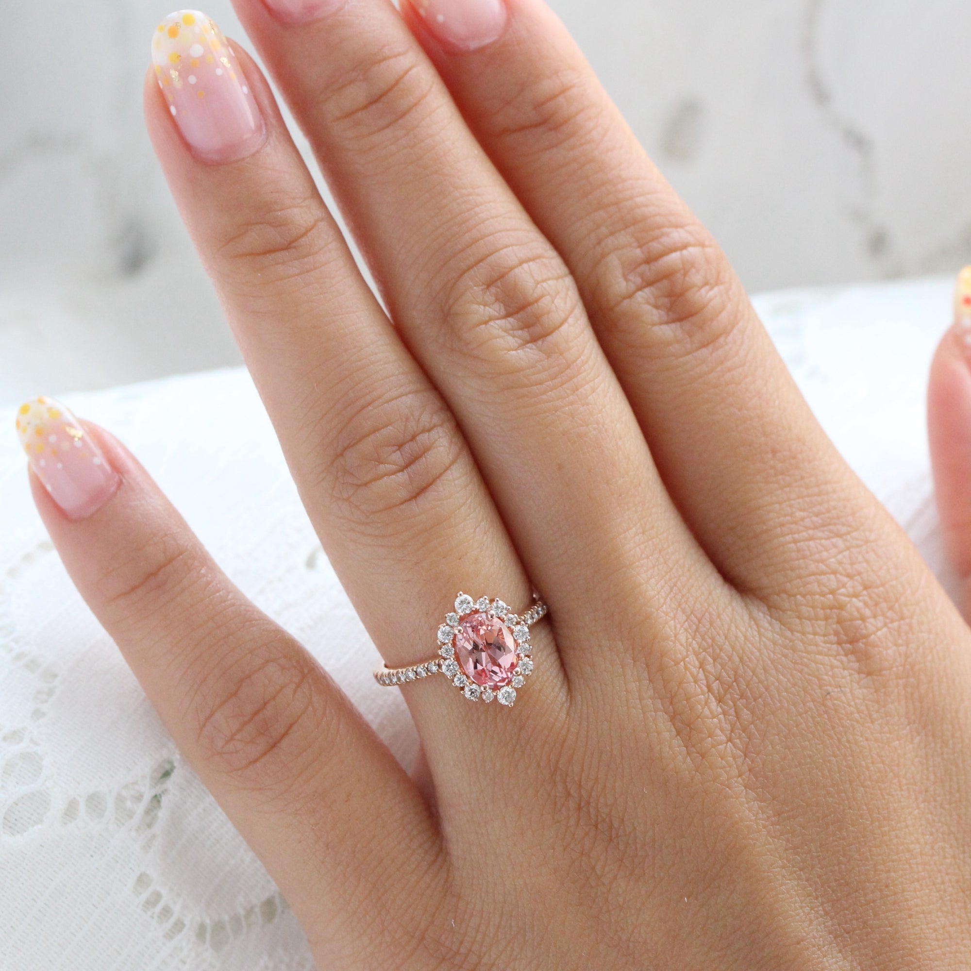 Peach Sapphire Engagement Ring Rose Gold Halo Diamond Oval Ring