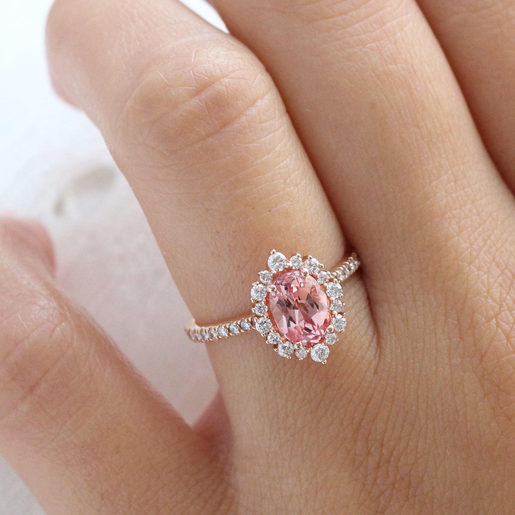 Peach Sapphire Engagement Ring Rose Gold Halo Diamond Oval Ring