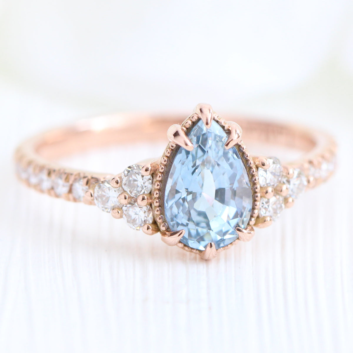 pear aqua blue sapphire ring rose gold 3 stone engagement ring la more design jewelry