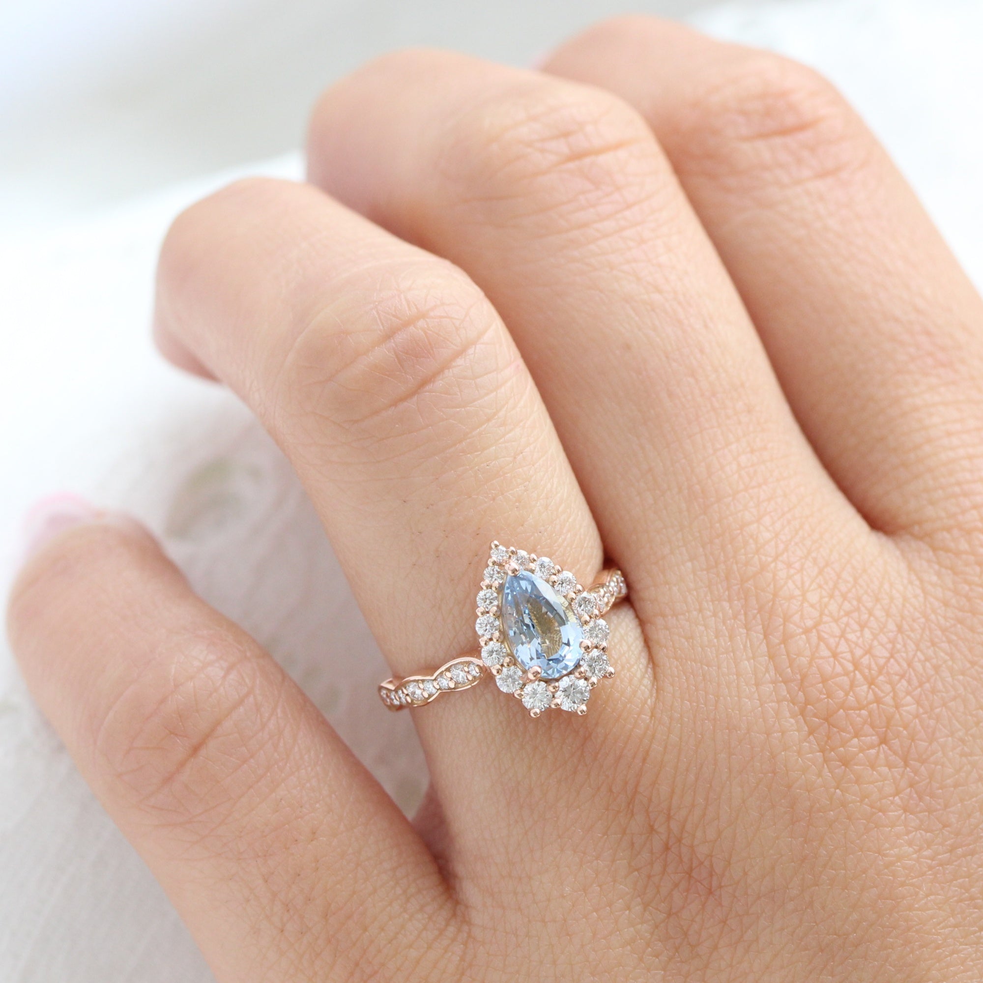 Natural Blue Sapphire Diamond Ring Rose Gold Halo Pear Engagement