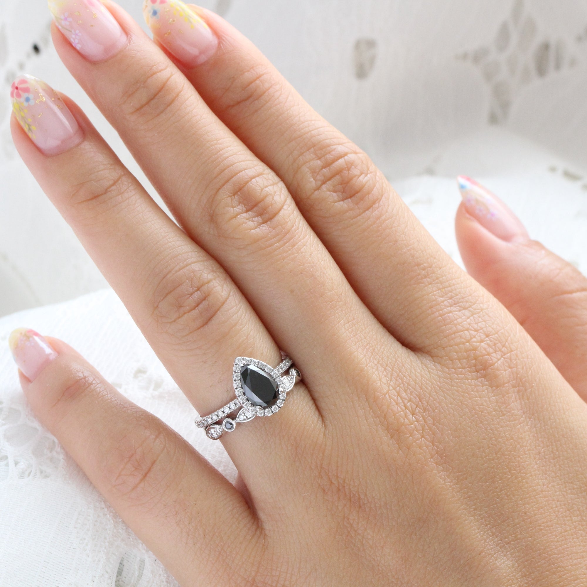 Pear Black Diamond Engagement Ring White Gold Halo Bridal Wedding Set La More Design