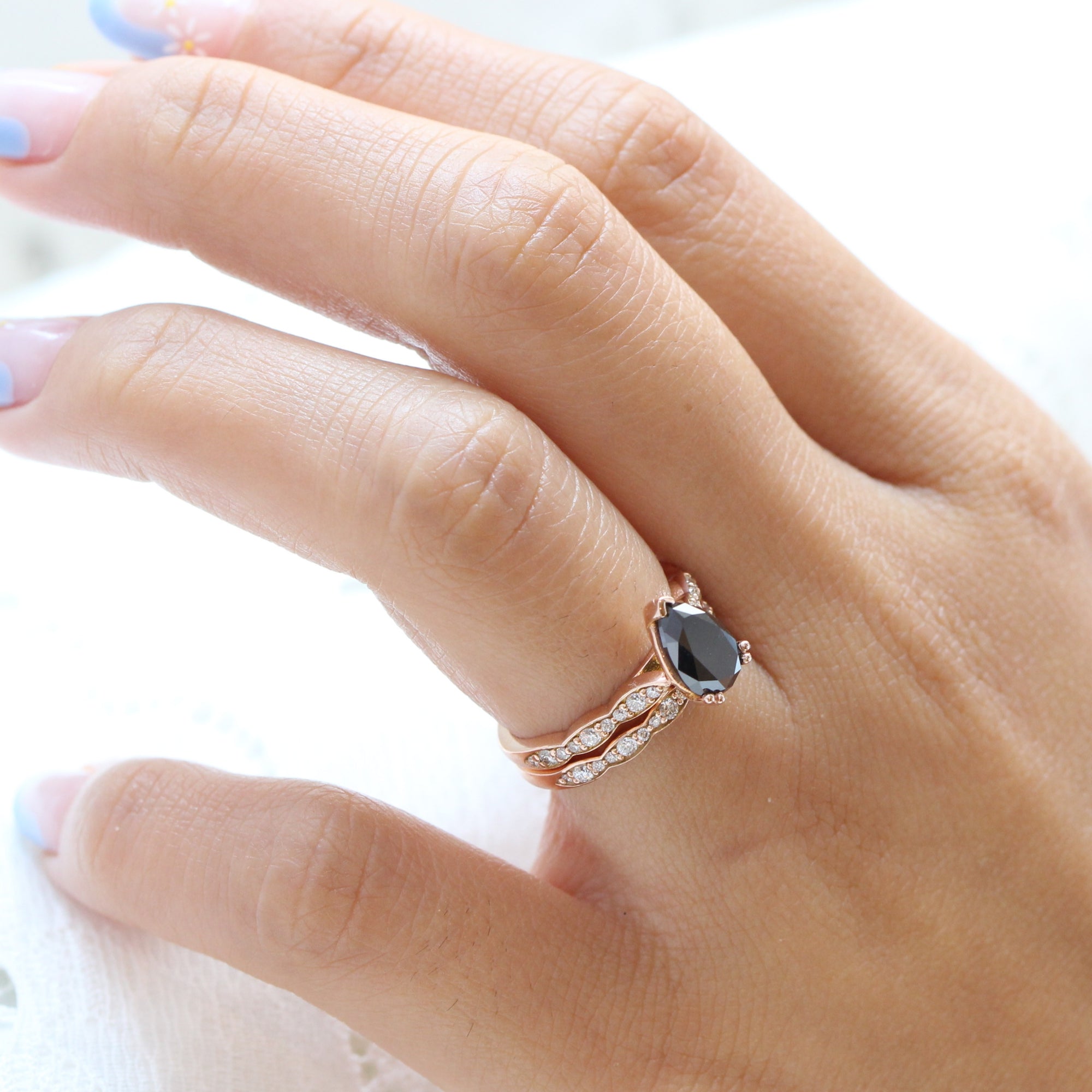pear black diamond engagement ring rose gold matching diamond wedding band bridal ring set la more design jewelry-1