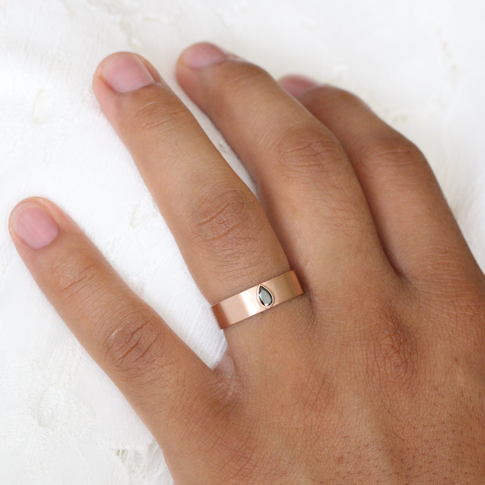 Bezel Set Pear Black Diamond Wedding Band Gold Men’s Engagement